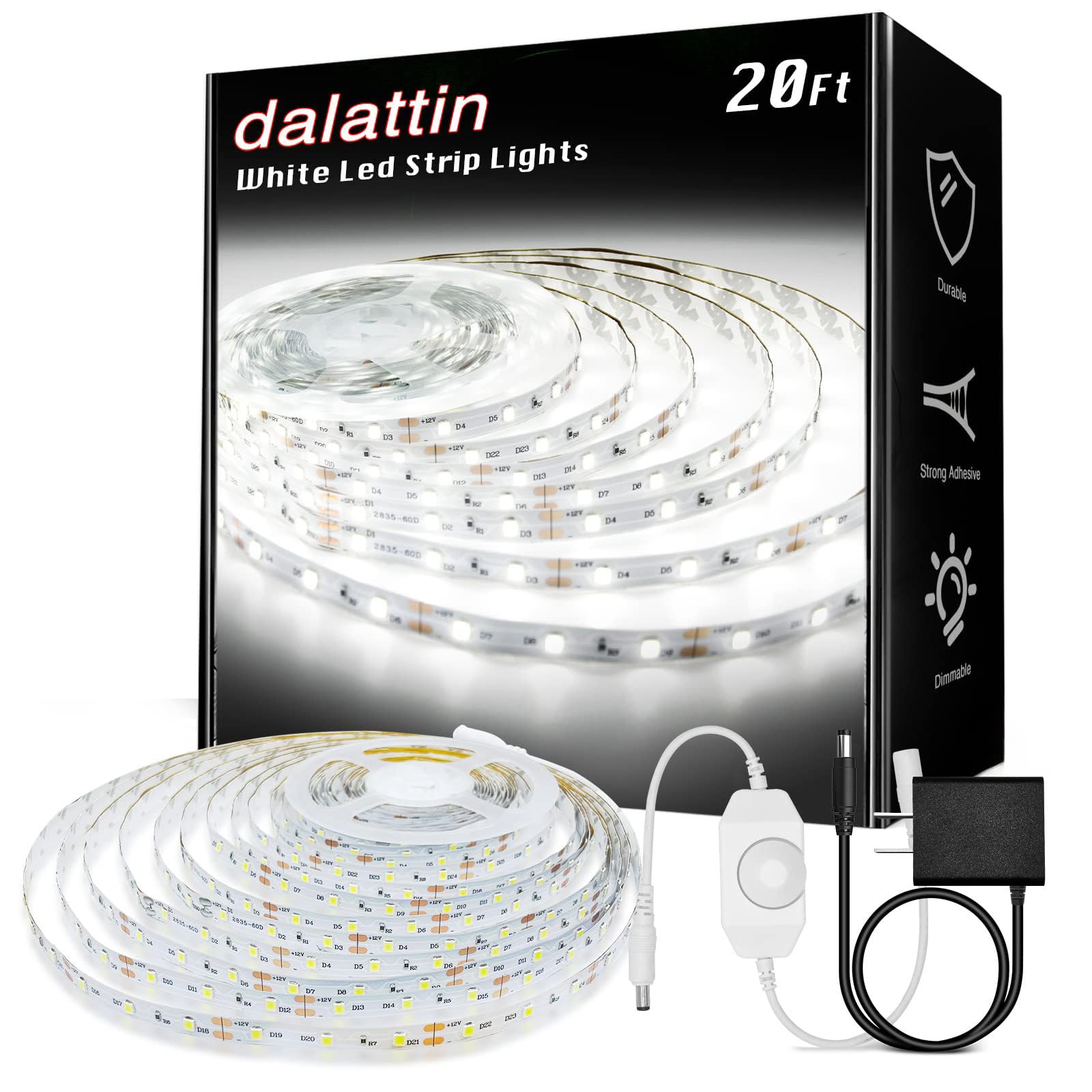 dalattin White LED Strip Lights, 20ft Dimmable Super Bright 24V Led Tape Light 6500K 360 LEDs Lights for Bedrooms, Mirror, Kitchen, Home Decoration Daylight White
