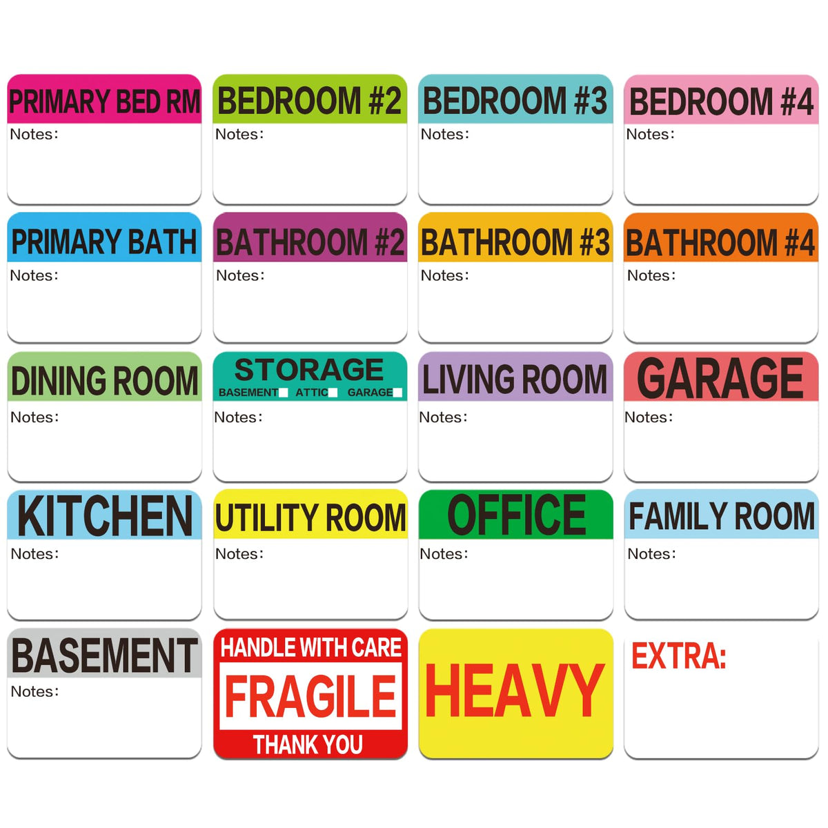 600 Count 3 x 2 Large Home Moving Packing Box Labels for 3-4 Bedroom House with Writable Notes Areas, 17 Color Coded Moving Labels for Boxes + Fragile Moving Stickers + Heavy and Blank Labels