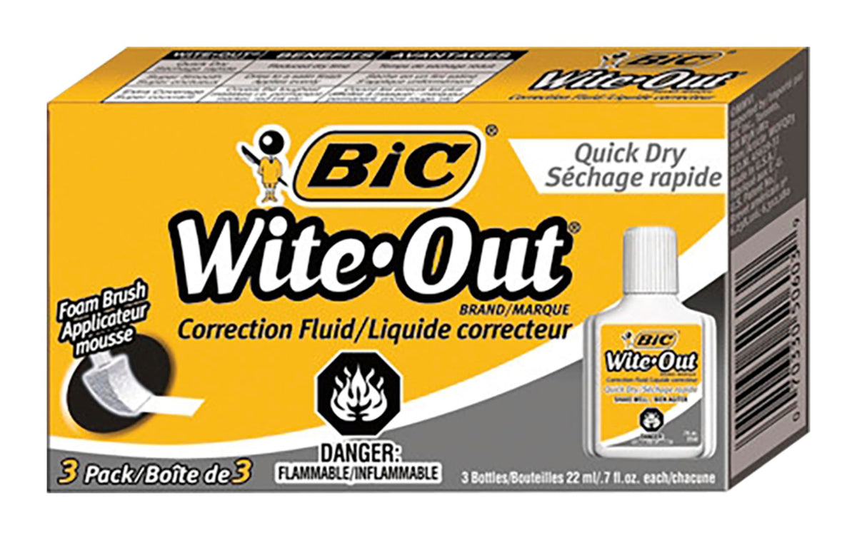 BIC Wite-Out Korrekturflüssigkeit Quick Dry, 20 ml, weiß, lässt sich leicht auftragen und trocknet schnell, 3er-Pack