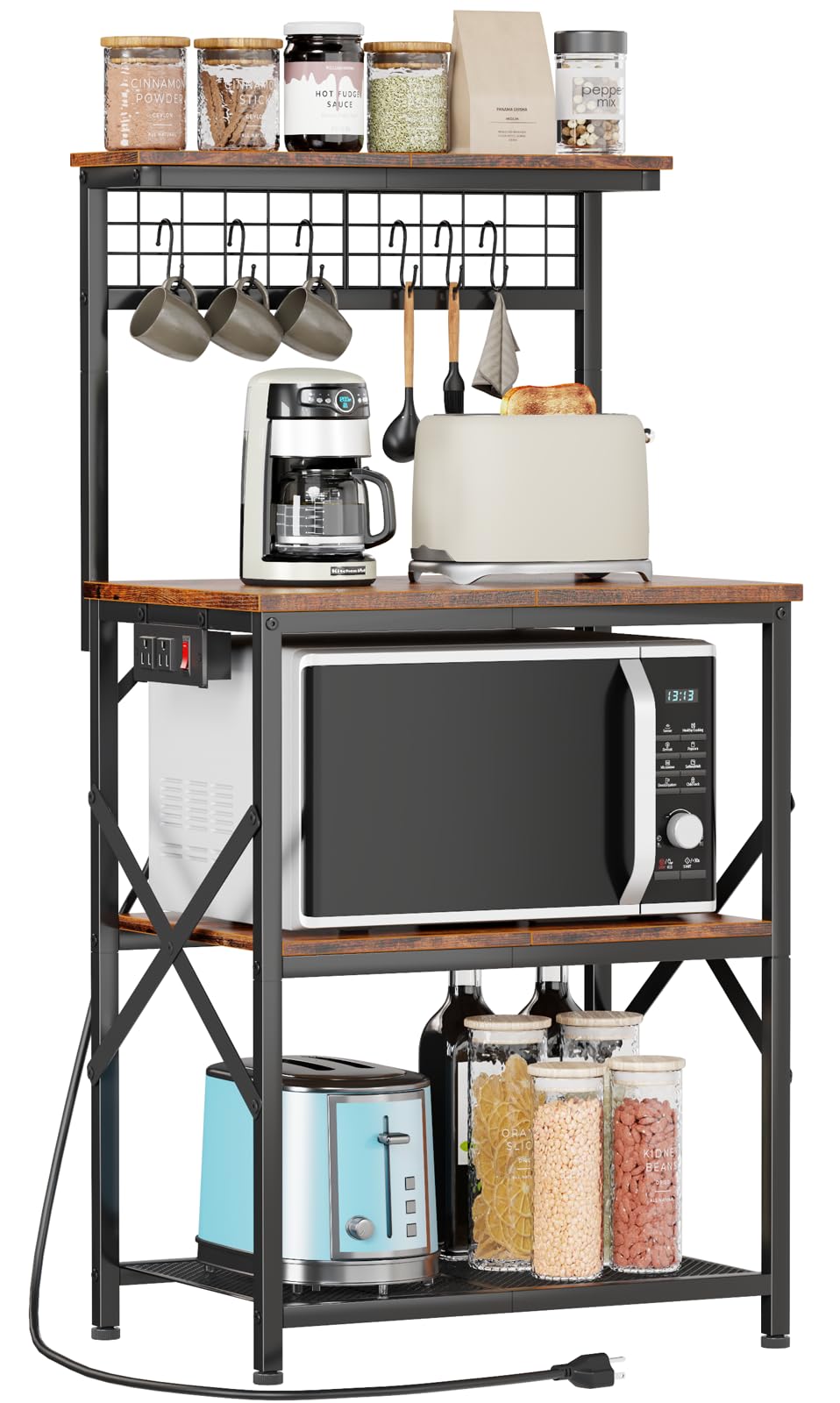Furologee Kitchen Bakers Rack with Power Outlet, Microwave Oven Stand with Storage 4 Tiers, Coffee Bar Table with 6 S Hooks, Kitchen Storage Shelf Rack for Spices, Pots, Rustic Brown
