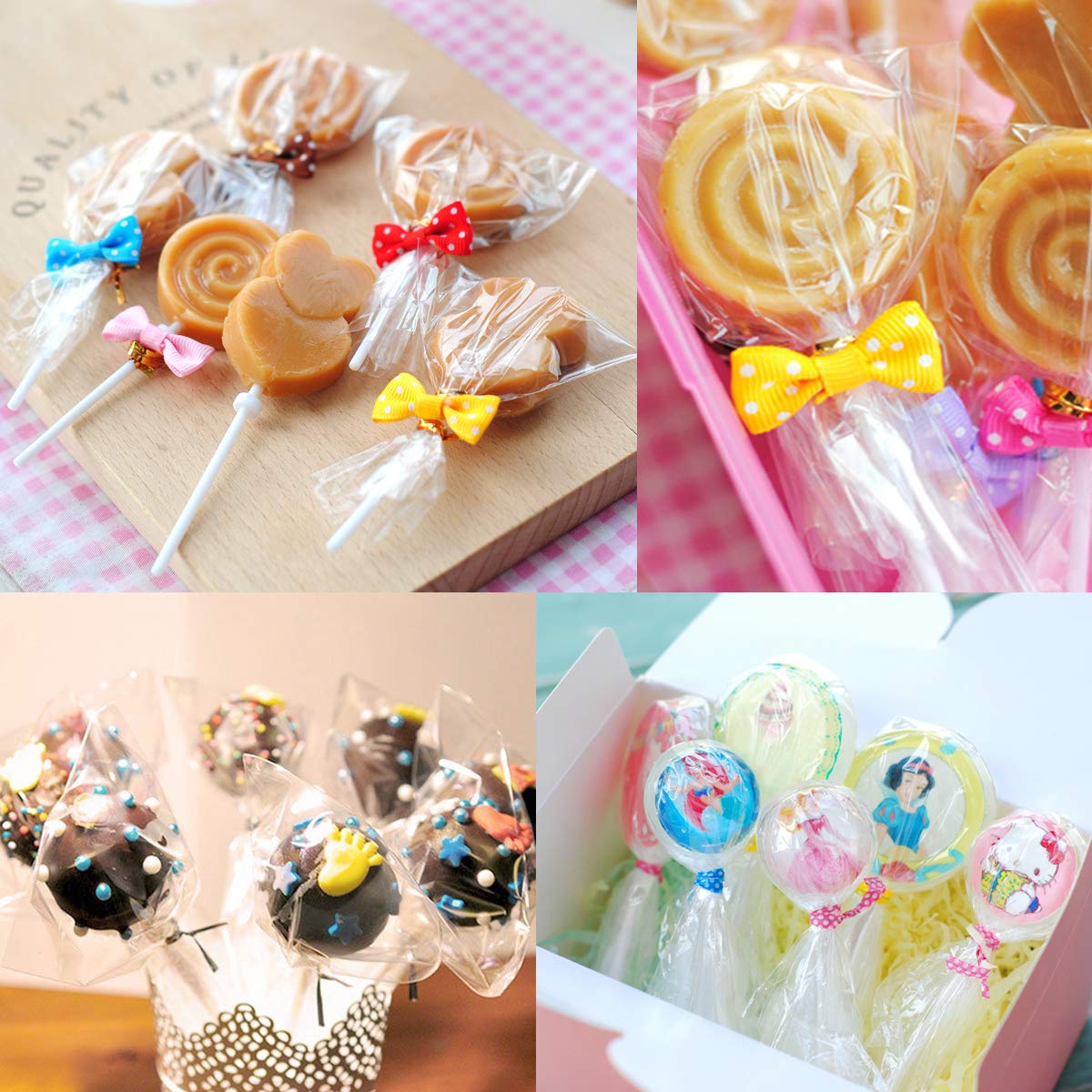 Cake Pop Bags, Augshy 300 Pcs Cellophane Treat Bags 3x5 with 300 Twist Ties 1.4 mils Thickness OPP Plastic Bags for Lollipop Candy Chocolate Cookie Wrapping Buffet