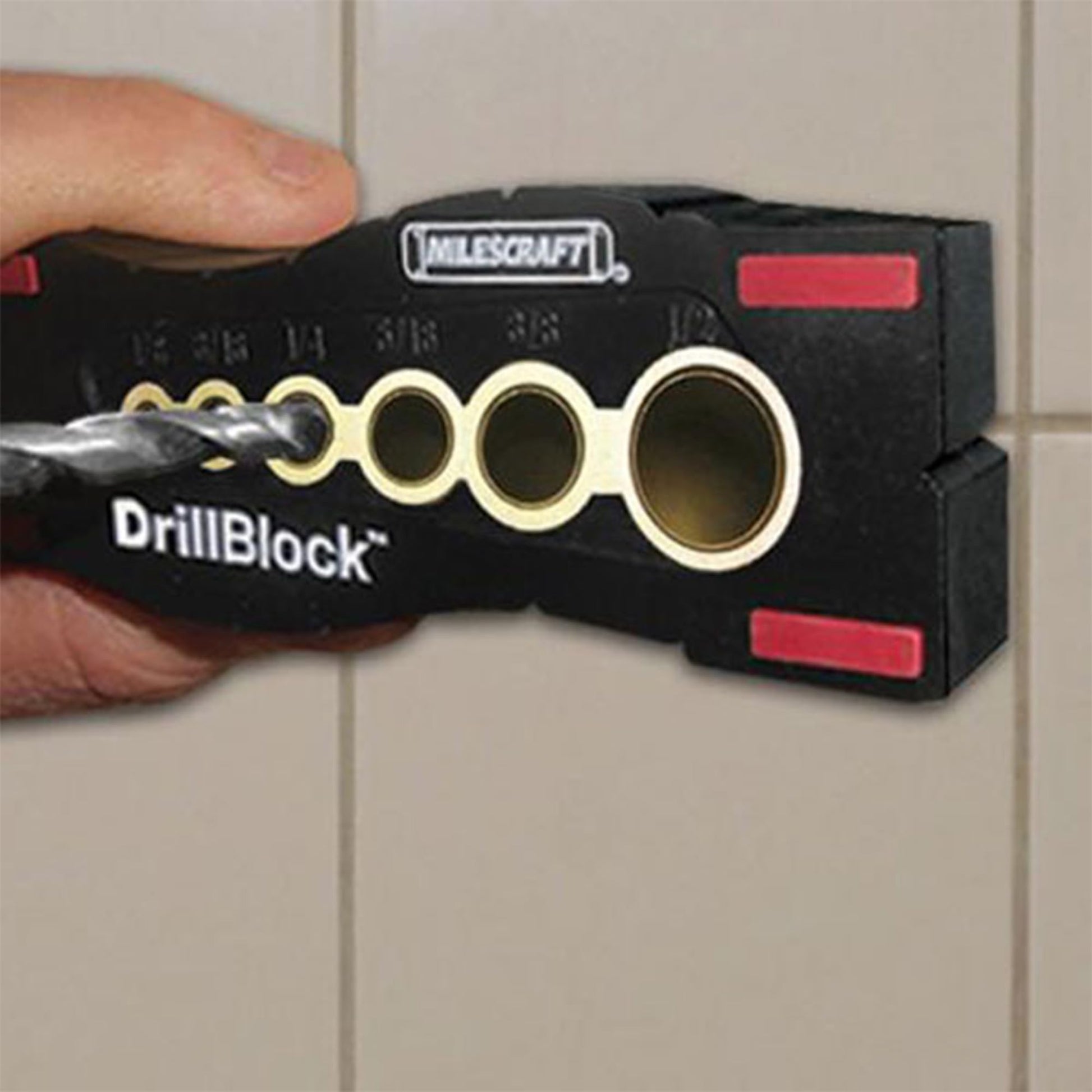 Milescraft 1312 Drill Block - Handheld Drilling Guide, Drilling Jig with Drill Guides for 6 of the Most Common Imperial Drill Bit Sizes, Precision Drilling Tool Accessory
