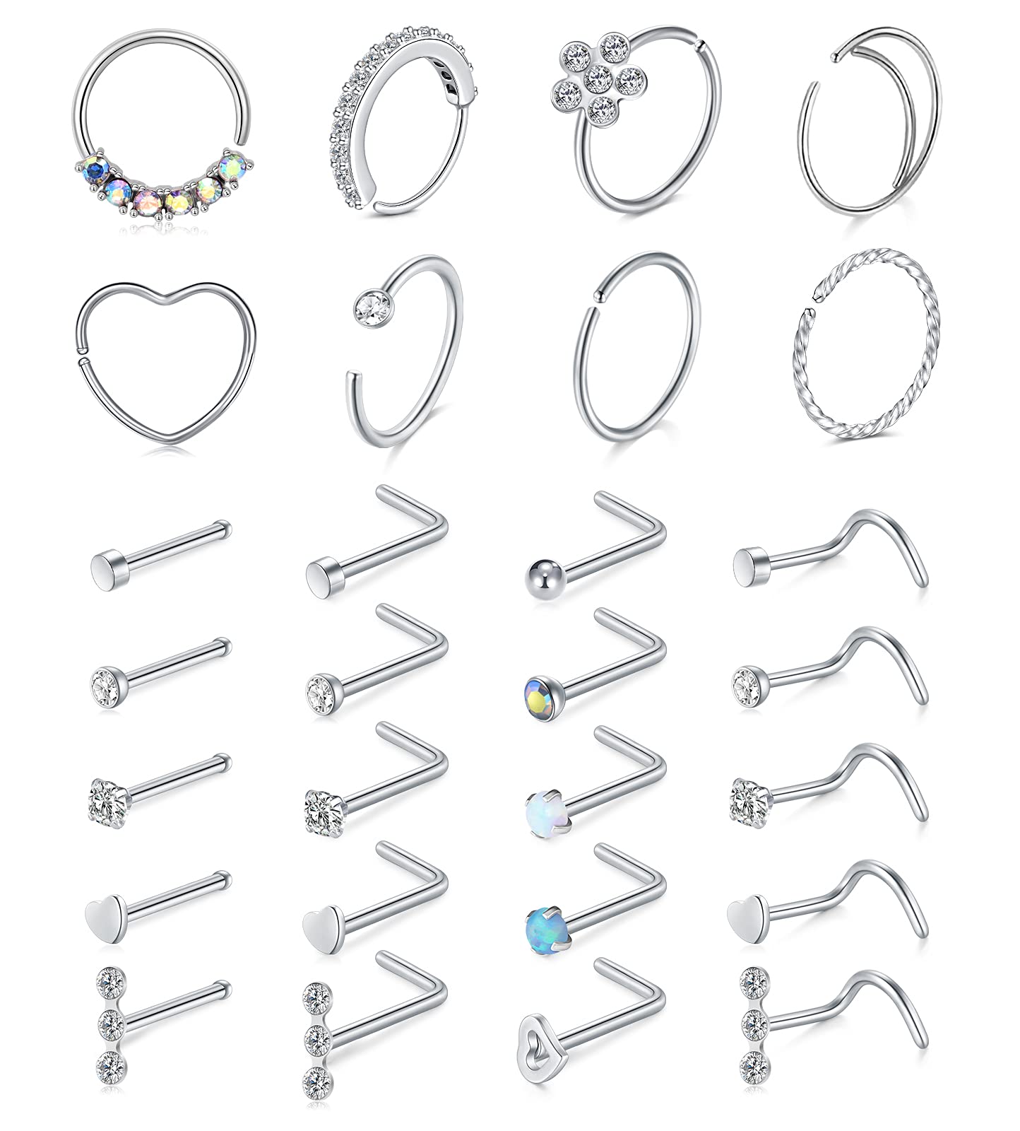 Mayhoop 20g Nose Rings Hoops And Studs For Women Men - Hypoallergenic 316L Surgical Stainless Steel L Shape Nose Screw Bone Silver Rose Gold Black Rainbow Pack 28Pcs