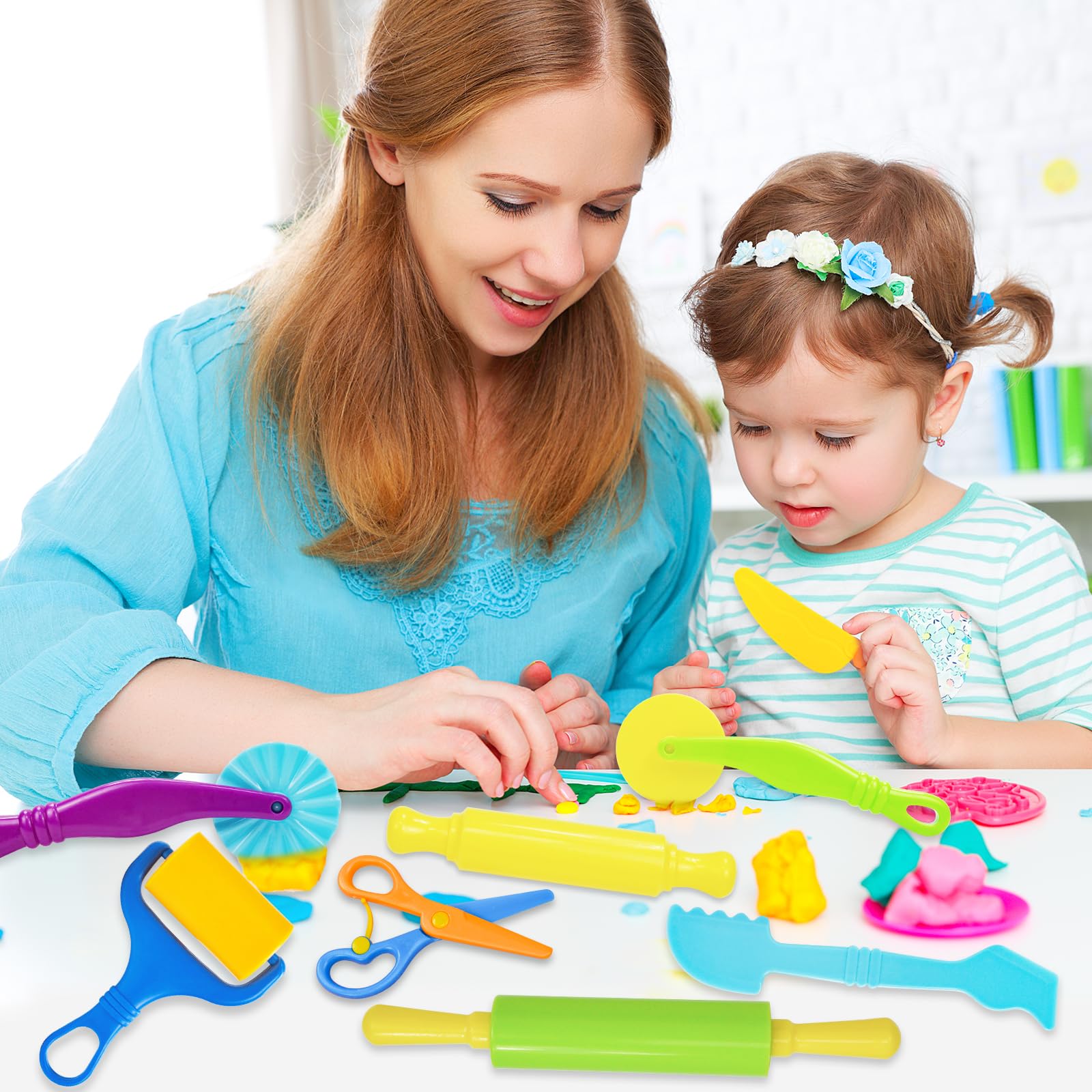 LCY WEDSHI Playdough Tool Set, 9 Pcs Play Dough Tools Sets for Kids Ages 4-8, Playdough Accessories Includes Cutters Roller, Rolling Pins, Safety Scissors, Plastic Knife