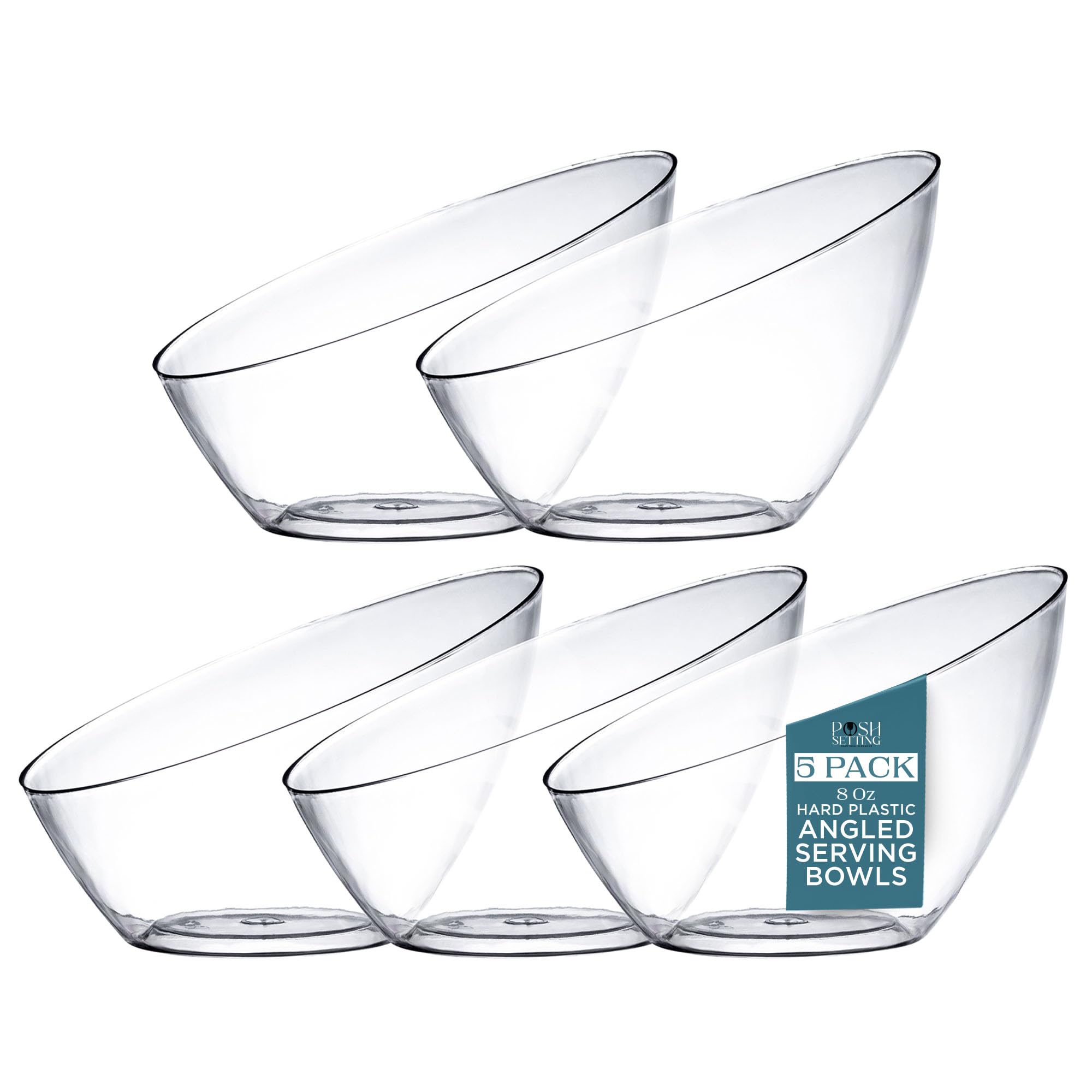 Posh Setting Clear Serving Bowls Small Hard Plastic Candy Bowl for Weddings, Buffet, Offices, Disposable Small Angled Bowls for Party's, Salads, Snacks and Fruit Bowl 5 Pack