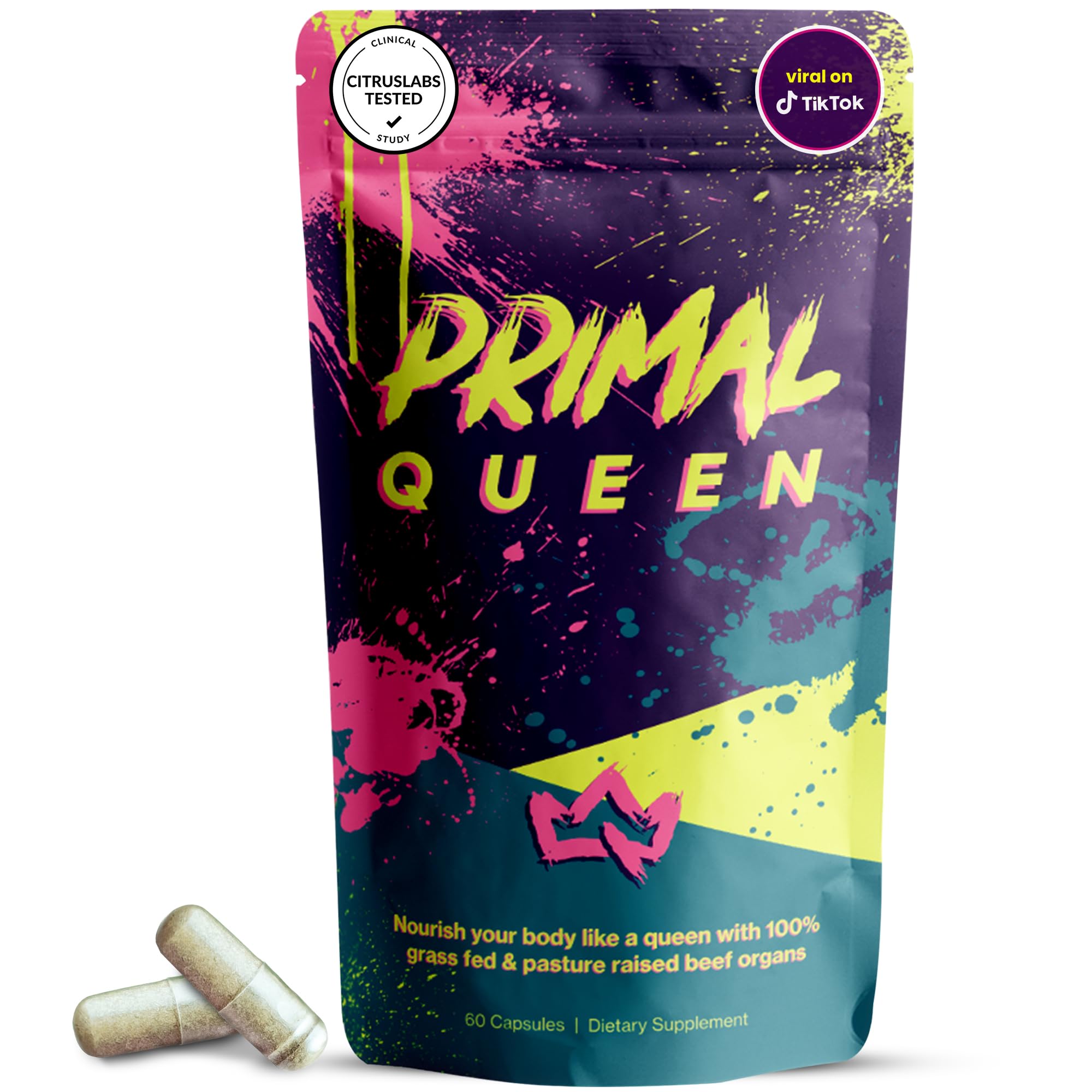 Primal Queen Female-Optimized Beef Organ Superfood Supplement (Beef Liver, Kidney, Heart, & 3 More) - 100% Grass Fed, Pasture Raised Cattle - Balance Hormones, Energy, & More for Women