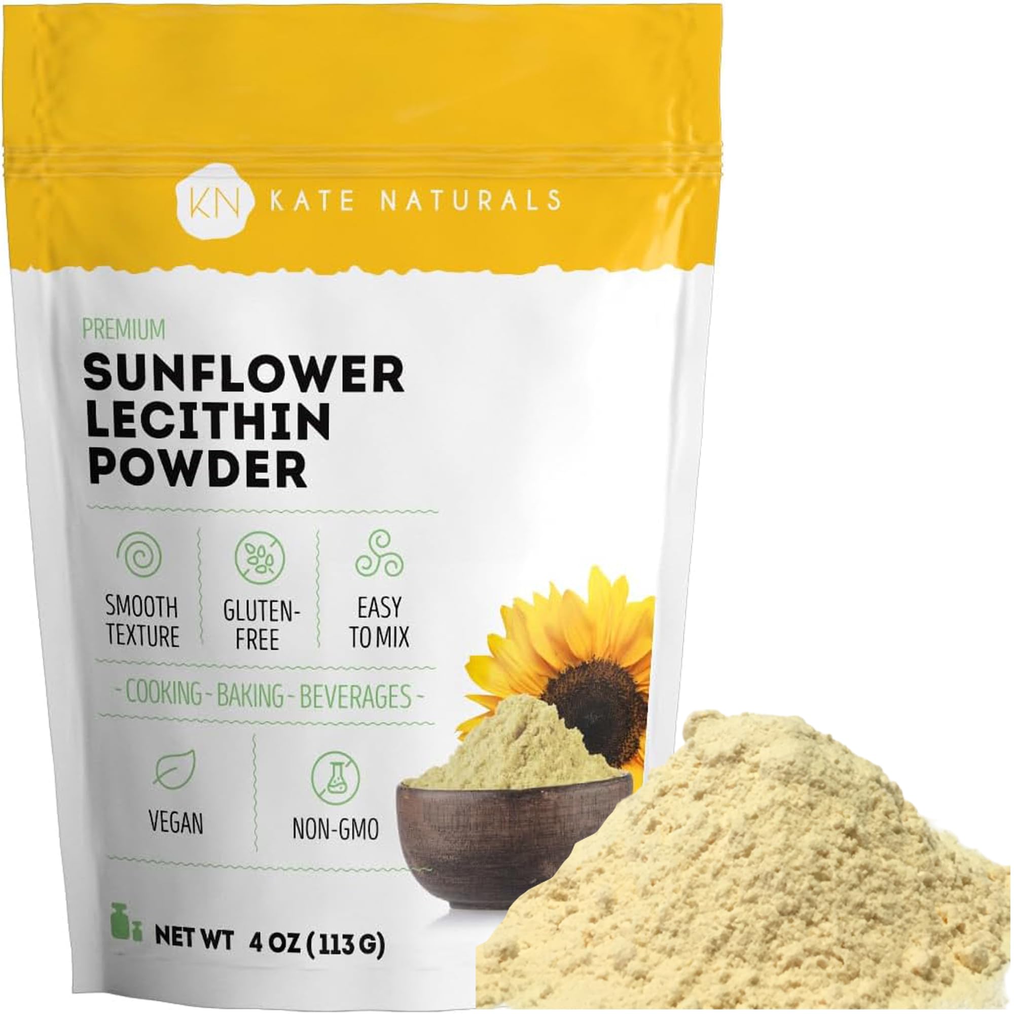 Kate Naturals Sunflower Lecithin Powder for Baking Bread, Gummies, Cooking. Substitute for Soy Lecithin Powder (4 oz, Non-GMO)