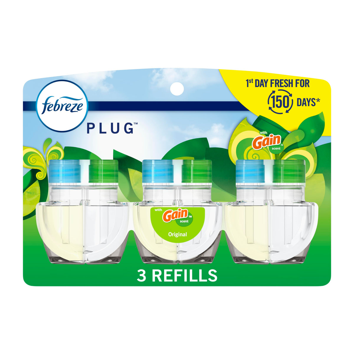 Febreze Plug In Lufterfrischer, Nachfüllpack mit duftendem Öl zur Geruchsbekämpfung, Lufterfrischer für Zuhause, Bad und Küche, lang anhaltend bei starken Gerüchen, Gain Original Duft, 24,6 g Nachfüllpackungen, 3 Stück