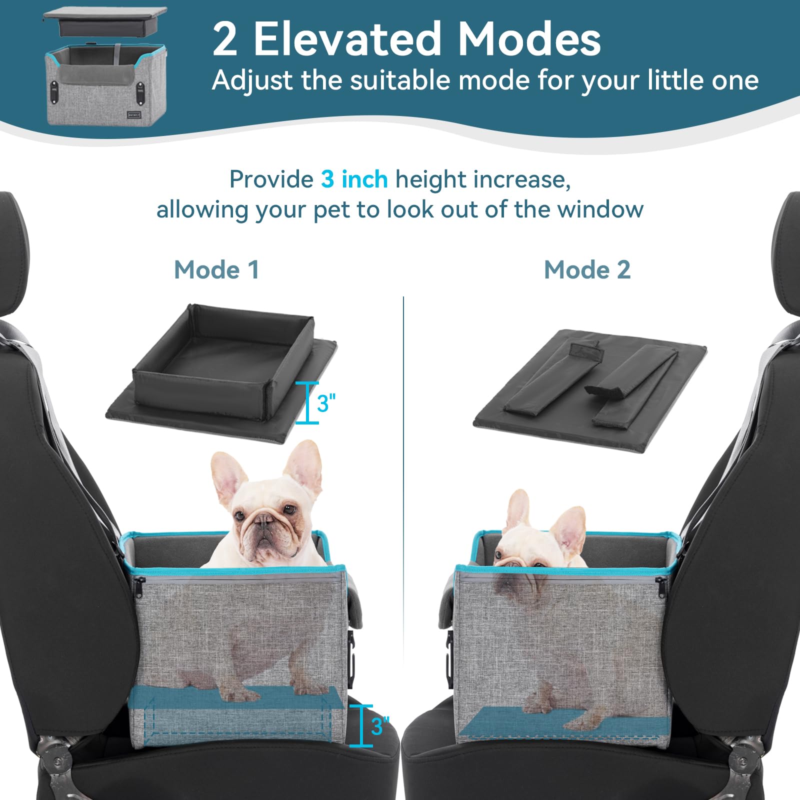 PETSFIT Dog Car Seats for Small Dogs, Patent Safety Buckles Dog Booster Car Seat, Dog Carseat with Safety Belt, Suitable for Small Pets Up to 25lbs (Grey)