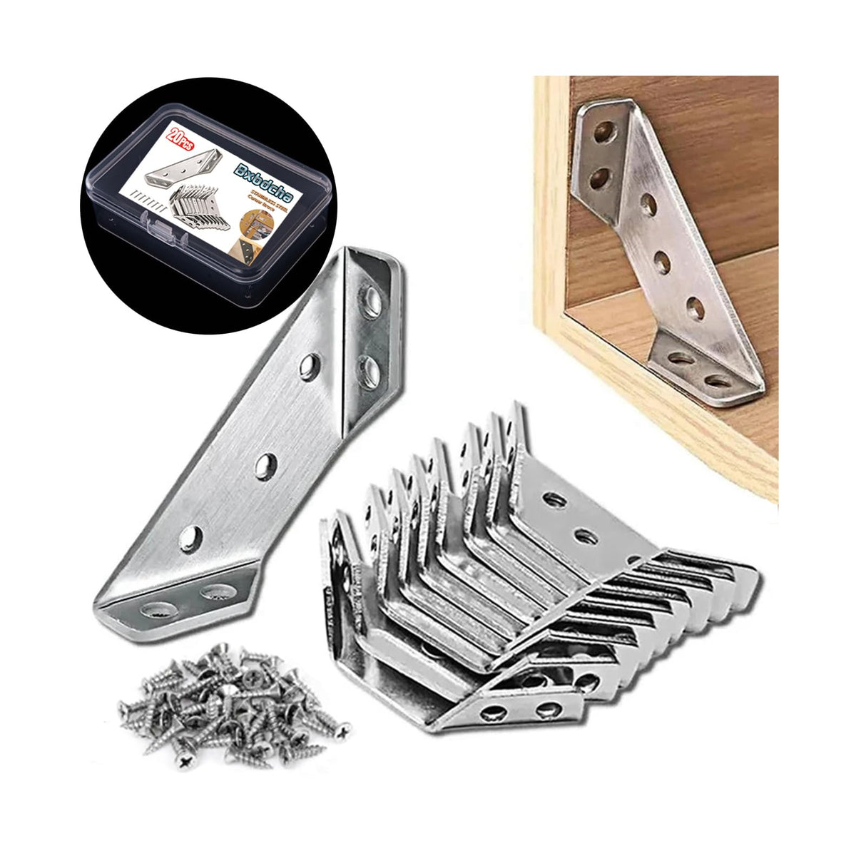Furniture Corner Connector - 20PCS Universal Stainless Steel L Brackets for Wood,Hardware Metal Angle Bracket Corner Braces,L Bracket for Shelves,Table,Cabinet,Drawer,Corner Brackets for Wood