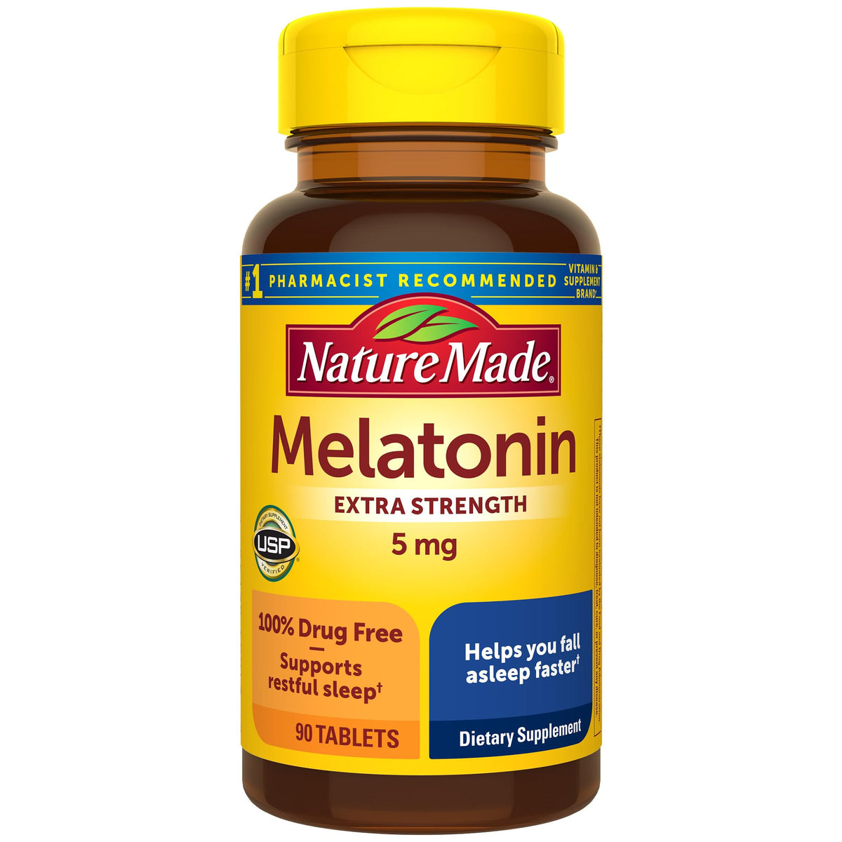 Nature Made Melatonin 5mg Tablets Extra Strength, 100% Drug Free Sleep Aid for Adults, 90 Tablets, 90 Day Supply