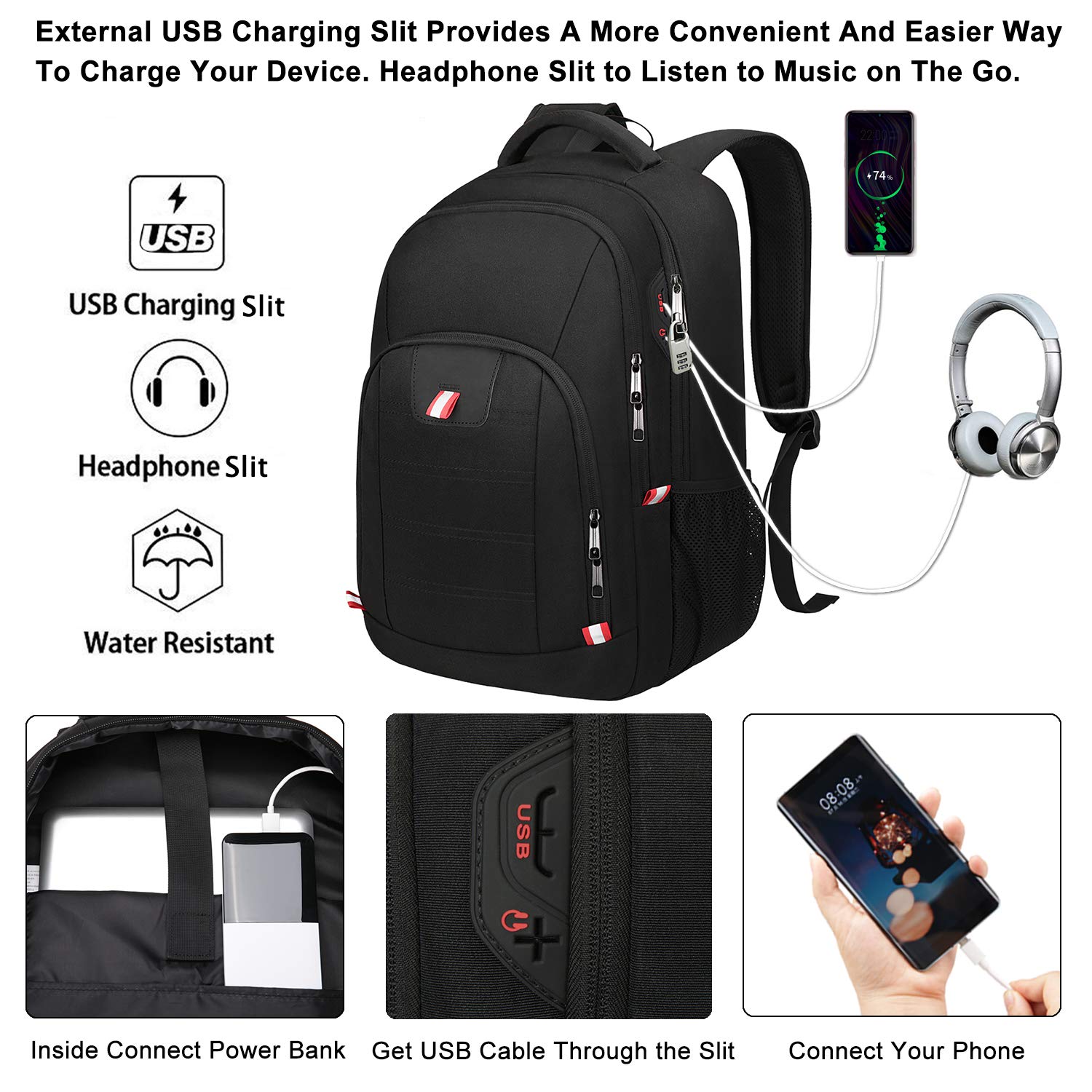 Travel Laptop Backpack, Black Backpack for Men and Women with USB Slit Business Computer Back Pack (Black, 15.6 Inch)