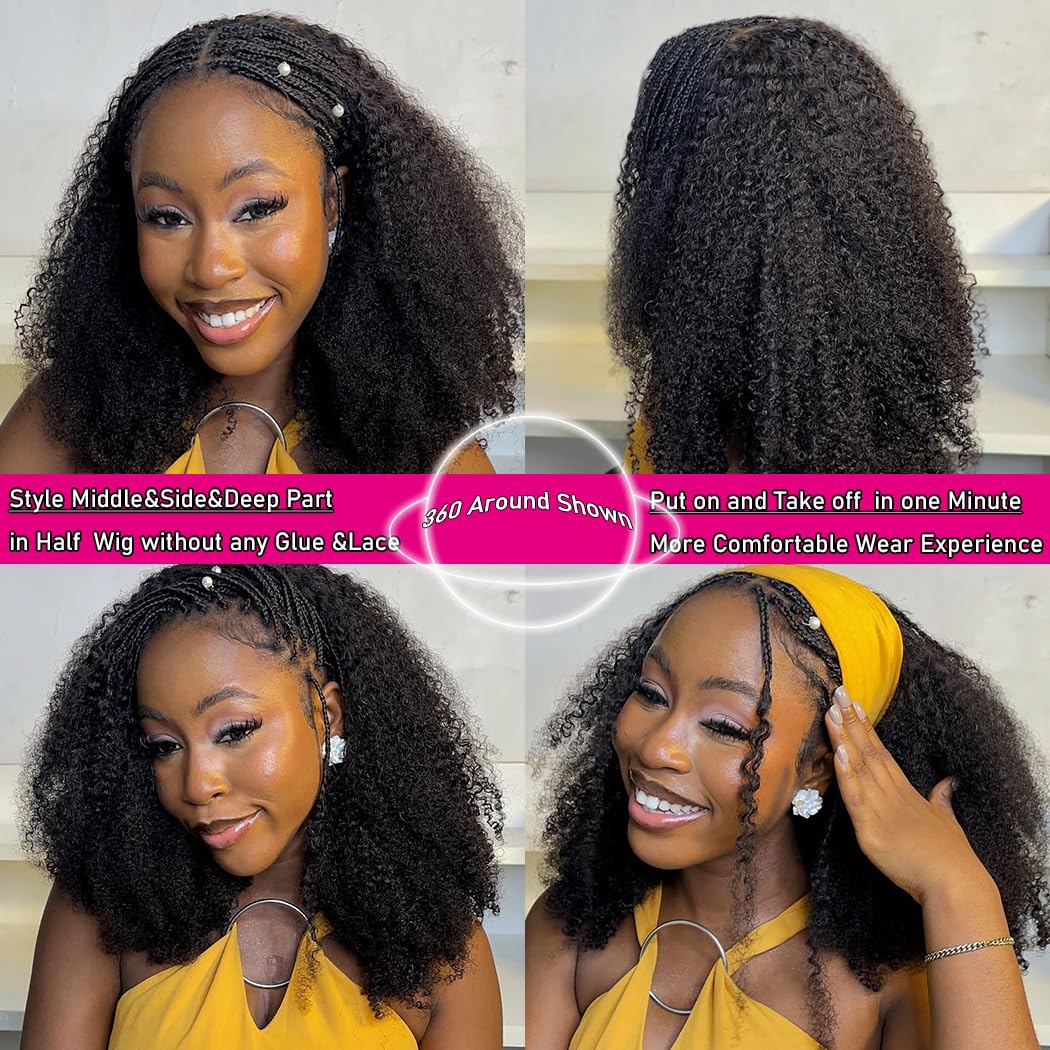 Kinky Curly Half Wig Human Hair 200 Density 3 In 1 Seamless Flip Over Half Wigs Human Hair Glueless Wear and Go Beginner Friendly Kinky Curly Wig Human Hair Drawstring Headband Wig for Women 20 Inch