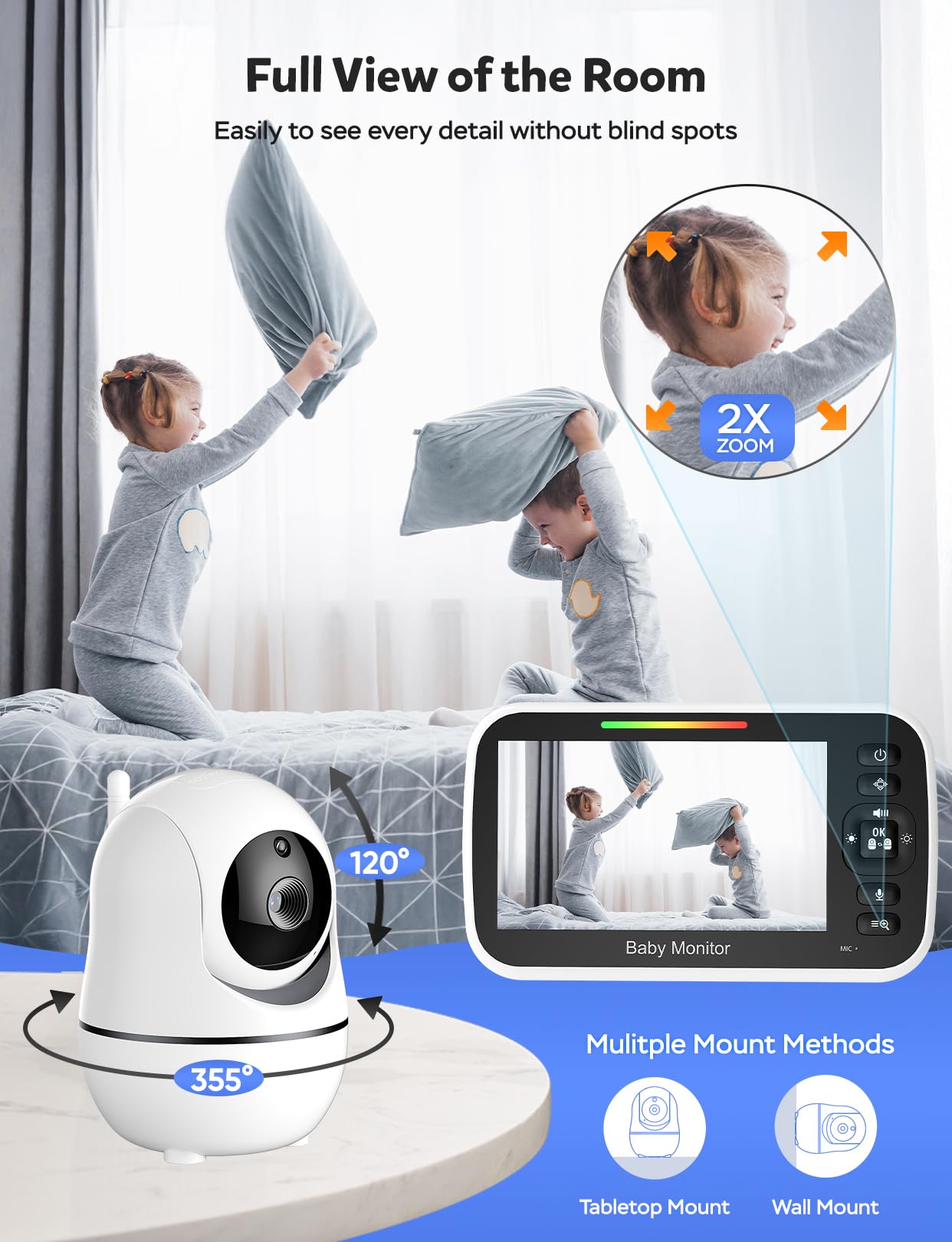 GoodBaby Baby Monitor with Camera and Audio - No WiFi, Remote Pan-Tilt-Zoom, Night Vision, Temperature Sensor, 2-Way Talk, 8 Lullabies, 30-Hour Battery Life，960ft Long Range