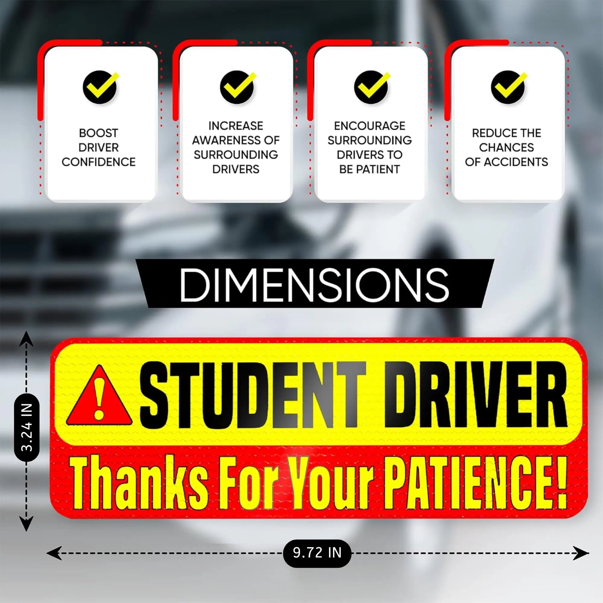 Student Driver Magnet for Car - Extra Strong Hold - 9.72" by 3.24" - 3 Pack - Essential Magnetic New Driver Sticker Signs - Remind Others to Please Be Patient - Bright & Reflective Sign for Rookies