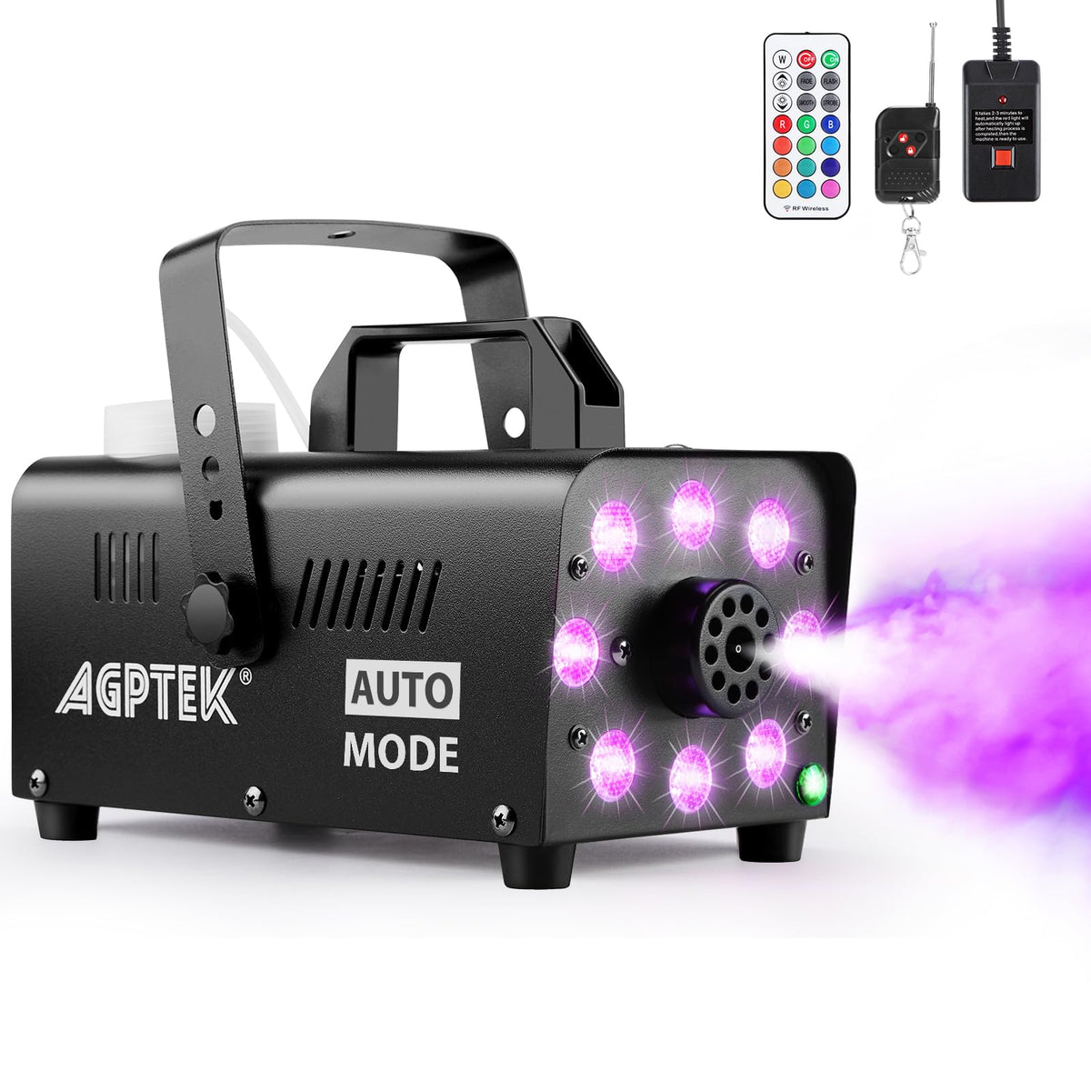 AGPTEK Nebelmaschine, Rauchmaschine mit 13 bunten LED-Lichteffekten, Auto-Modus 2000CFM Nebel mit 1 kabelgebundenem Empfänger und 2 kabellosen Fernbedienungen, perfekt für Hochzeit, Halloween, Party und Bühneneffekt