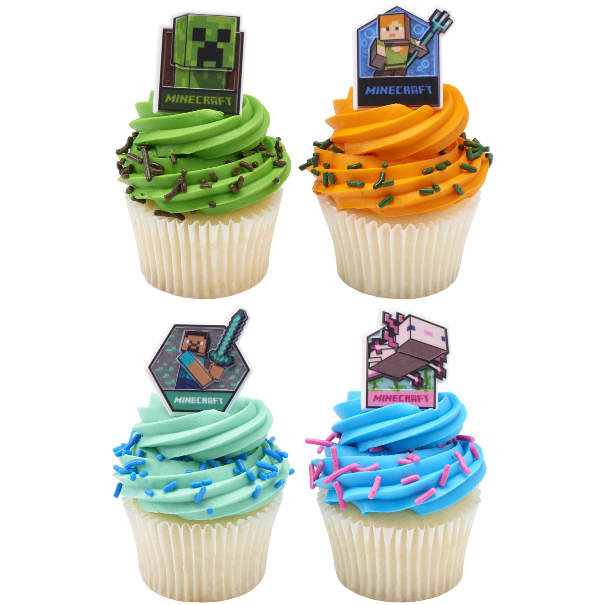 DecoPac Minecraft Lush Finds Rings, Cupcake Decorations Featuring Creeper, Alex, Steve and Axolotl! Multicolored 3D Food Safe Cake Toppers - 24 Pack