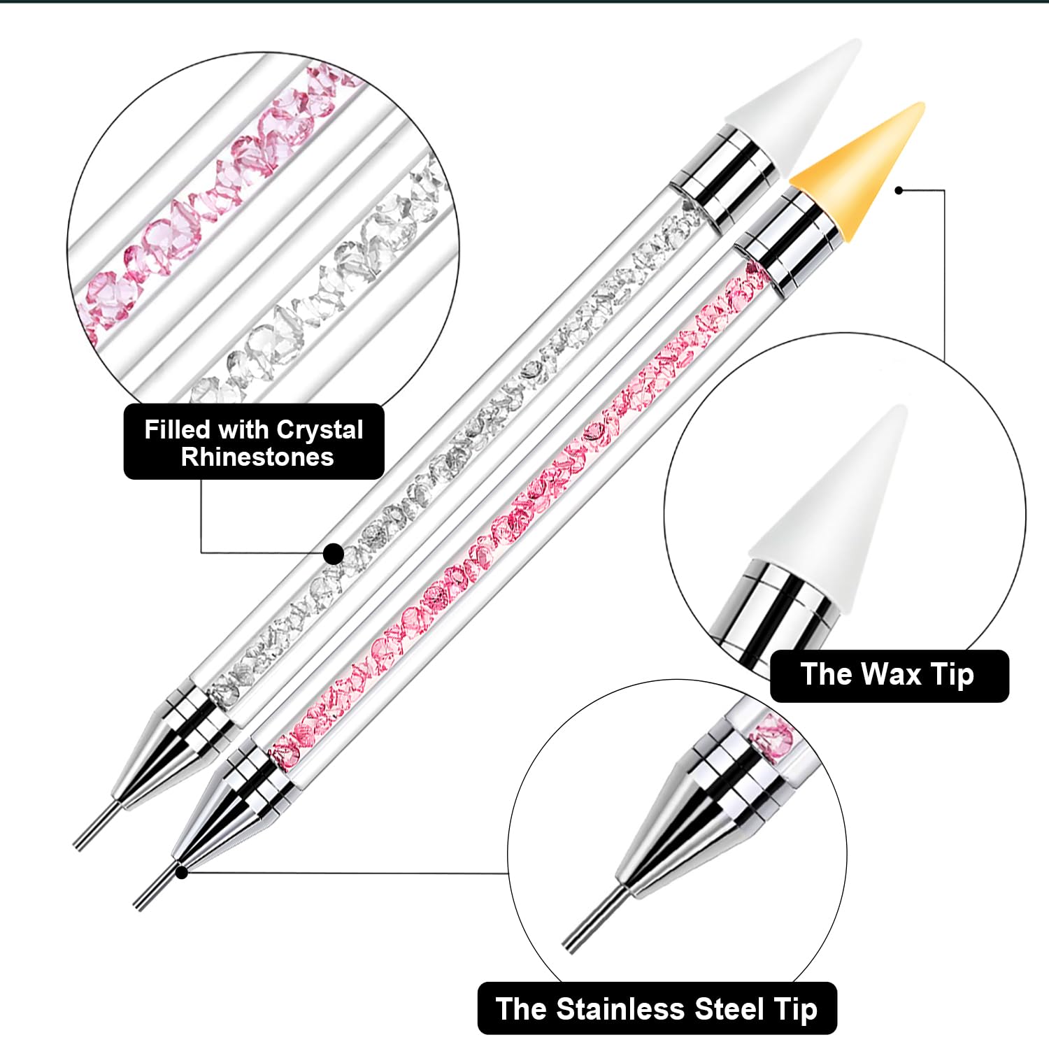 Vikerer Rhinestone Picker Tool, Dual-ended Rhinestones Applicator Nail Art Design Tool, 2 Pack Acrylic Handle Nail Pen with 4 Extra Wax Tips and1 Tweezer