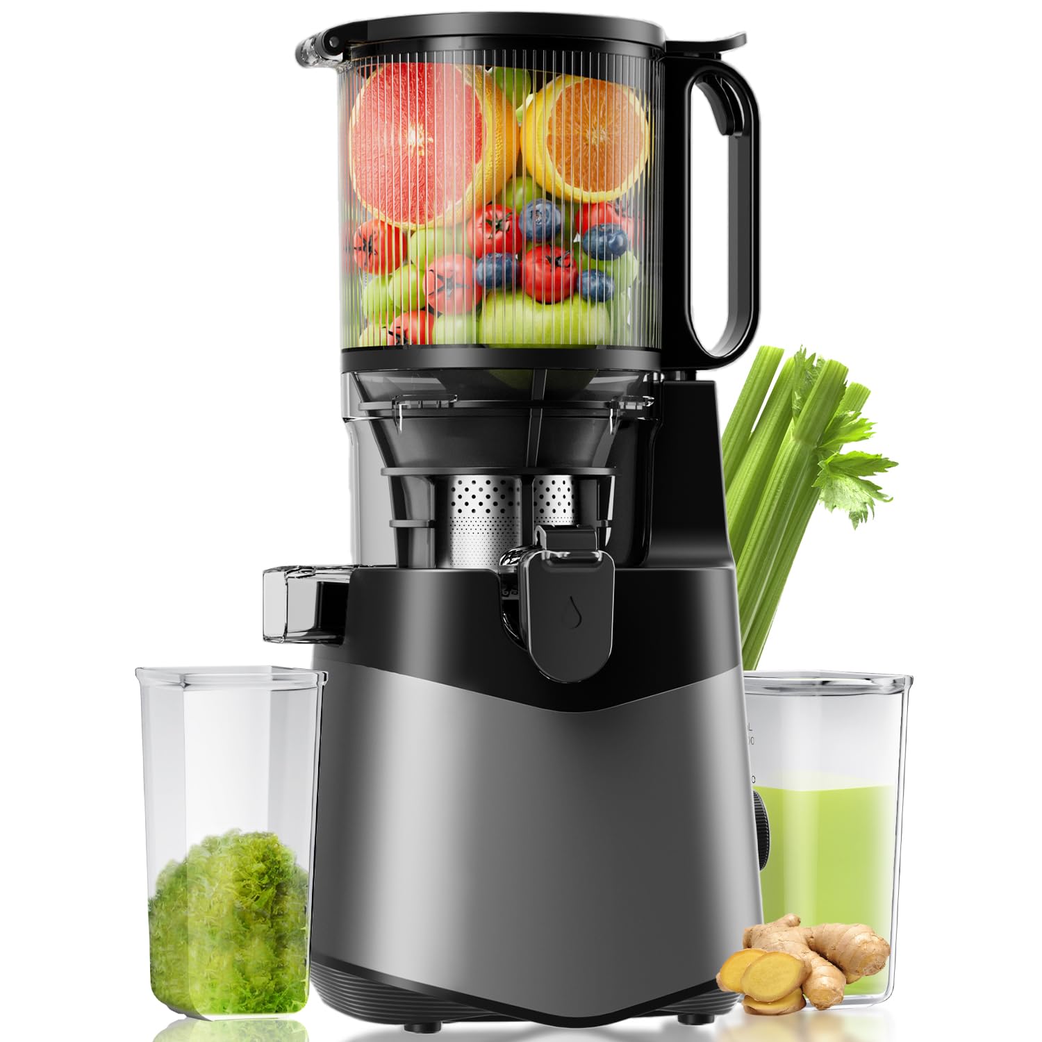 Cold Press Juicer, 5.3" Wide Feed Chute Juice Extractor Machine with 400W, High Juice Yield, Slow Masticating Juicer for Whole Vegetables & Fruits, Deep Grey