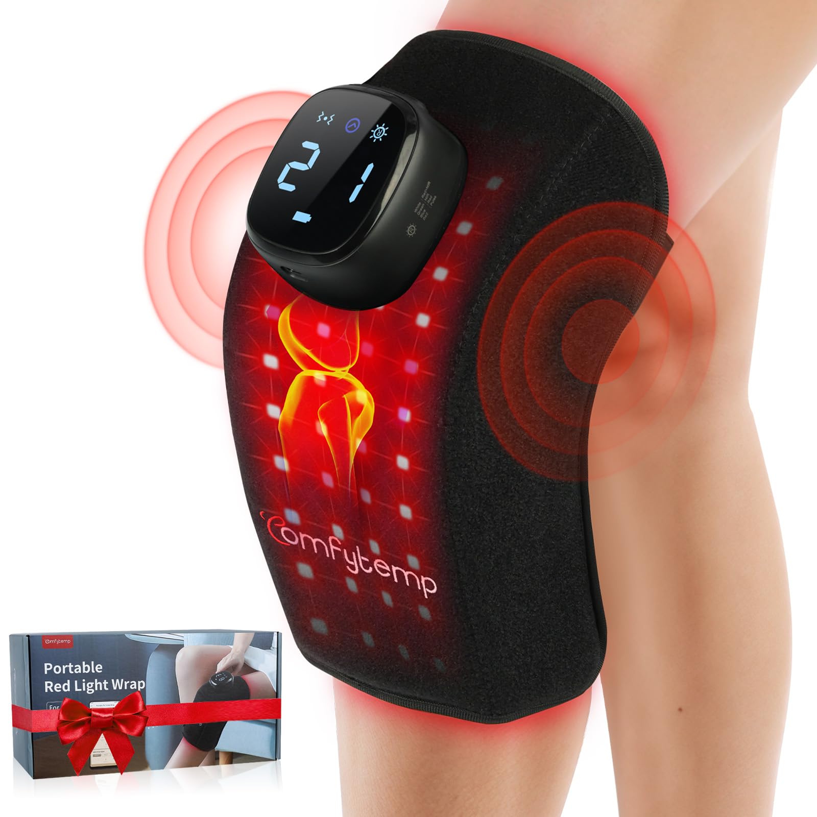 Comfytemp 3D Red Light Therapy Knee Wrap with Vibration Massage, Cordless 5000mAh Heated Knee Massager for Pain Relief, Gifts for Women Men, 660nm&850nm Near Infrared Light Brace for Knee Joint