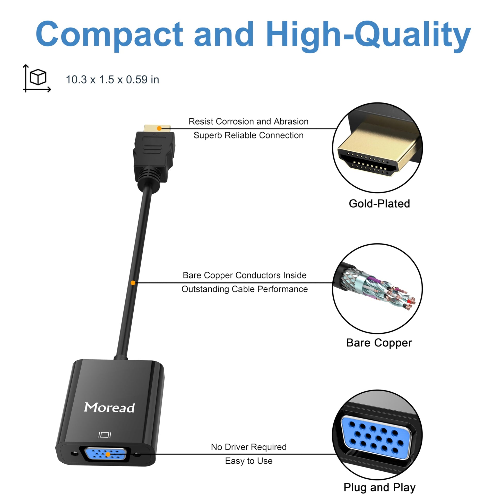 HDMI to VGA, Uni-Directional Gold-Plated HDMI to VGA Adapter (Male to Female) for Computer, Desktop, Laptop, PC, Monitor, Projector, HDTV, Chromebook, Raspberry Pi, Roku, Xbox and More - Black