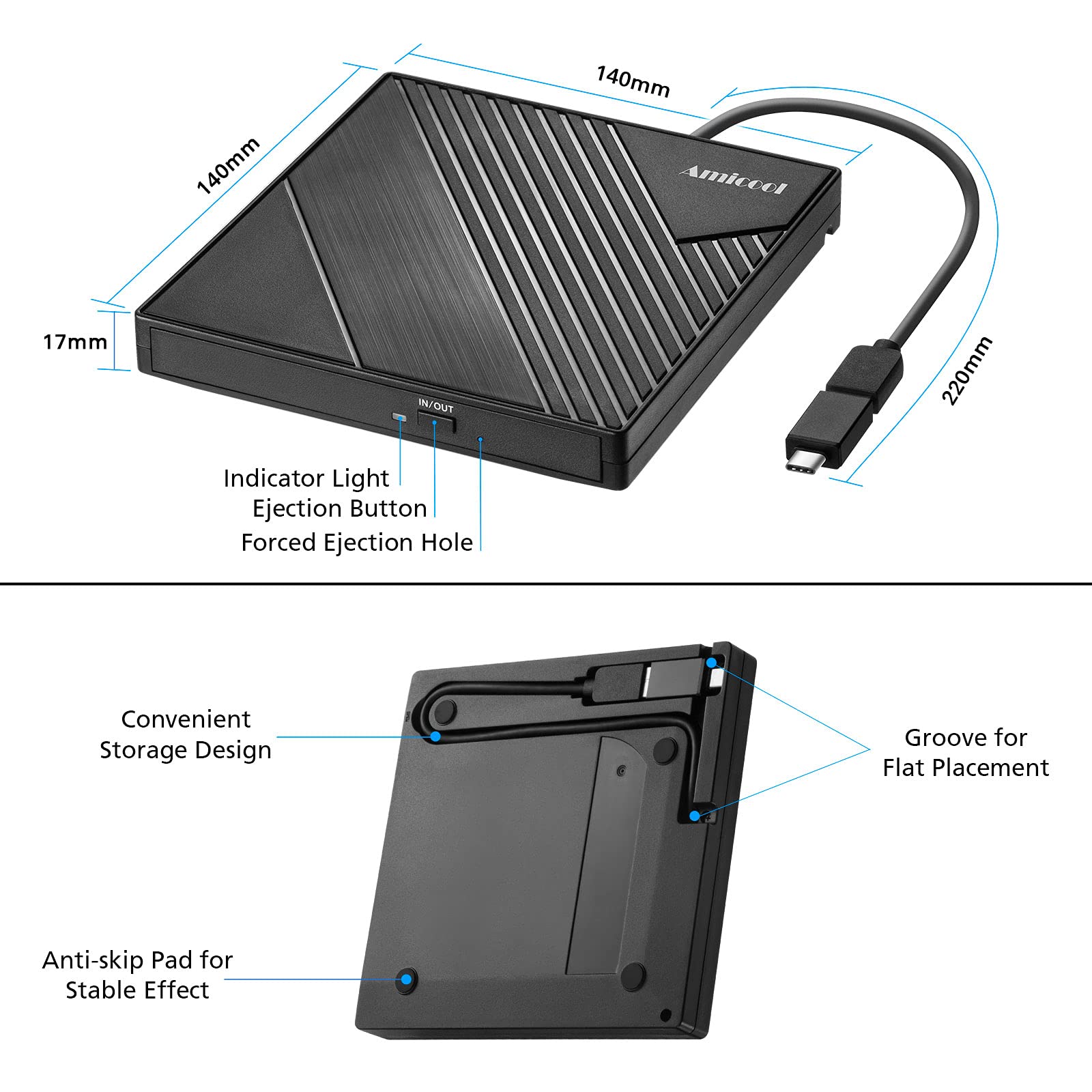 Amicool External DVD Drive USB 3.0 USB C CD Burner CD/DVD +/-RW Optical Drive, Slim Portable DVD CD ROM Rewriter Writer Duplicator for Laptop Desktop PC Windows 11/10/8/7 MacBook Mac Linux OS Apple