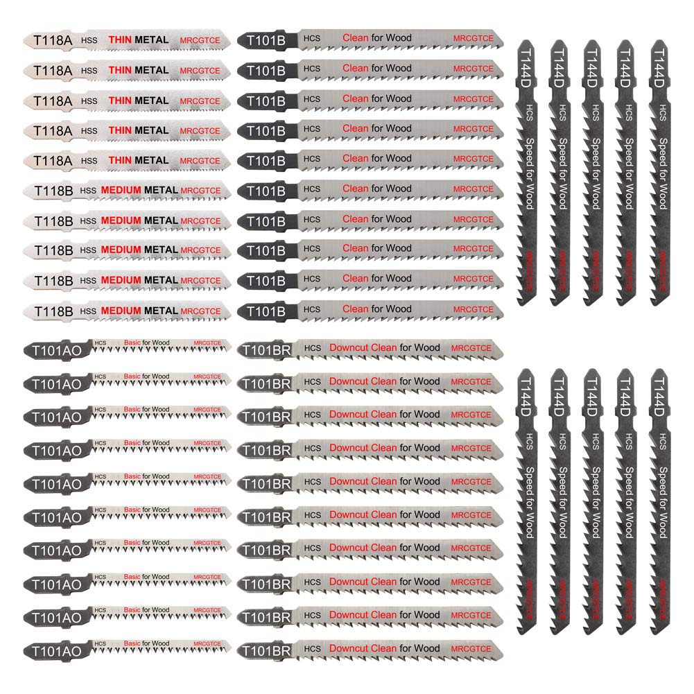 50 Piece Contractor Jigsaw Blades Set with Storage Case, Assorted T-Shank Jig Saw Blades for Wood, Plastic and Metal Cutting(T118A,T118B,T101AO,T101B,T101BR,T144D)
