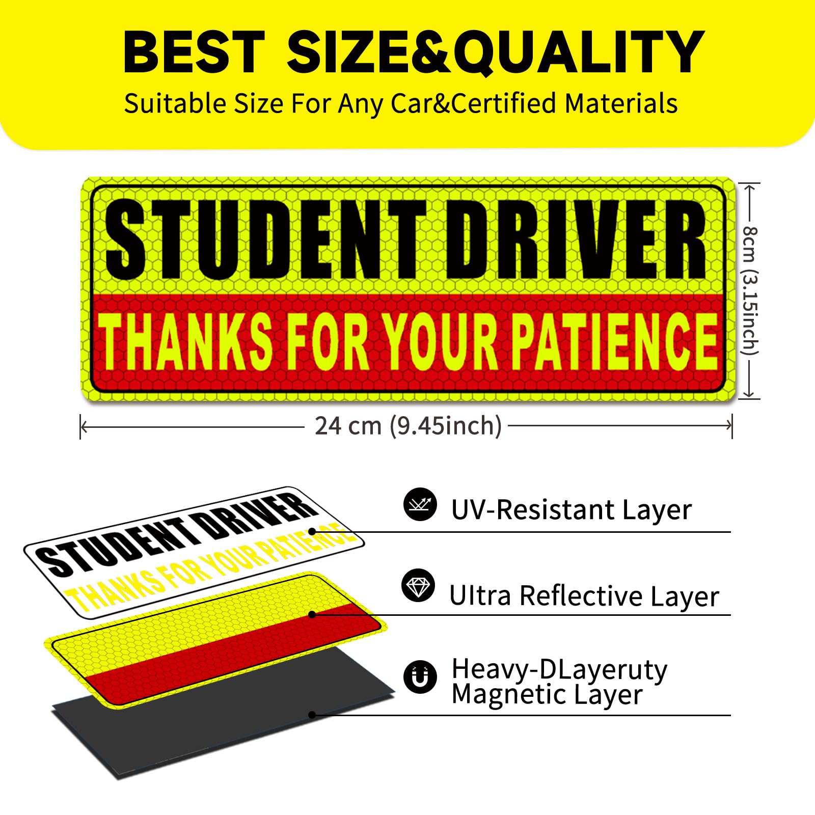 Student Driver Magnet for Car Safety Warning Please Be Patient New Driver Sticker Reusable Movable Reflective Magnetic Black & Red for Car Bumper 3 Pcs