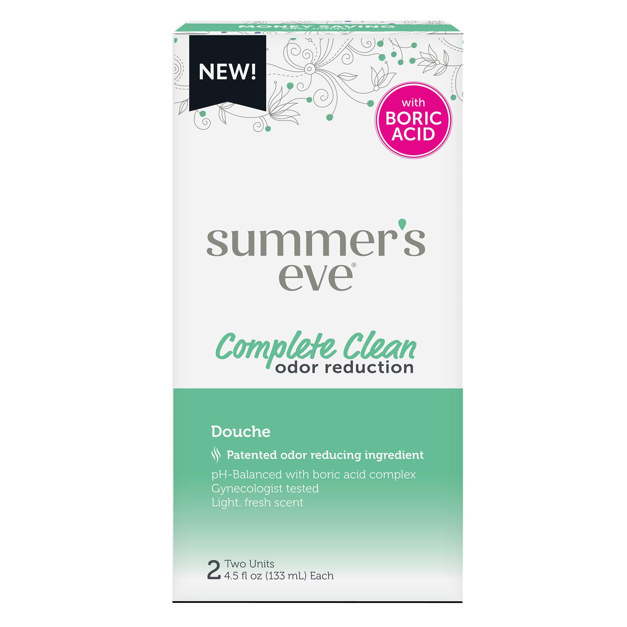 Summer's Eve Feminine Douche, Complete Clean Odor Reduction with Boric Acid Complex, 2 Units, 4.5 oz Each