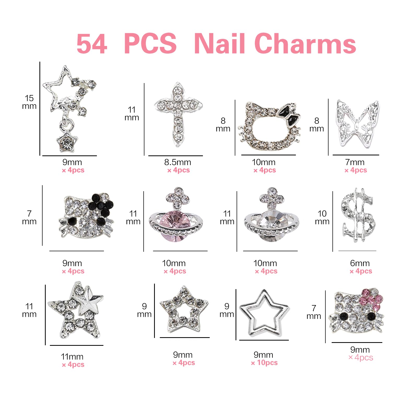 rythsans y2k 56pcs nail charms, silver