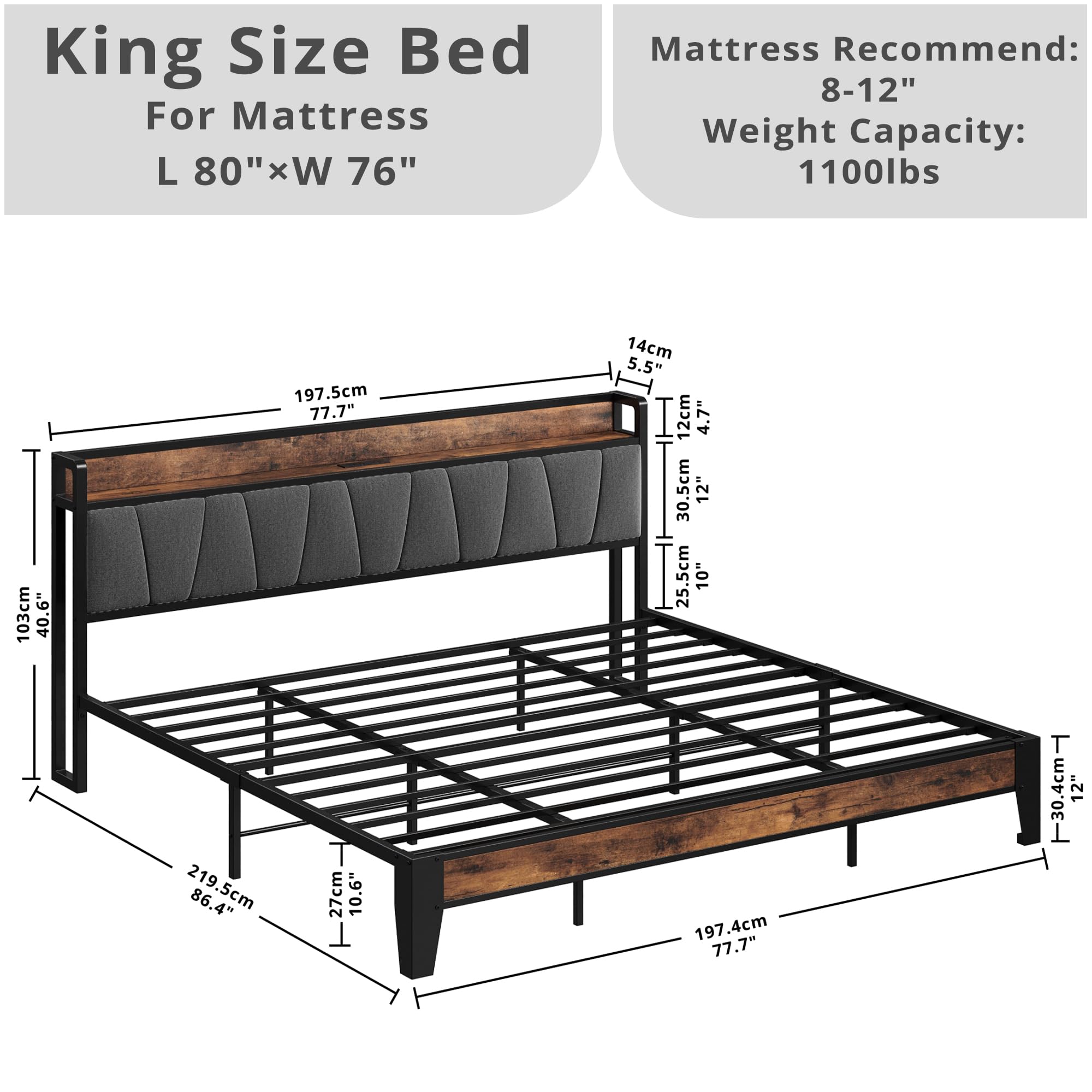 LIKIMIO King Size Bed Frame, Storage Headboard with Charging Station, Solid and Stable, Noise Free, No Box Spring Needed, Easy Assembly