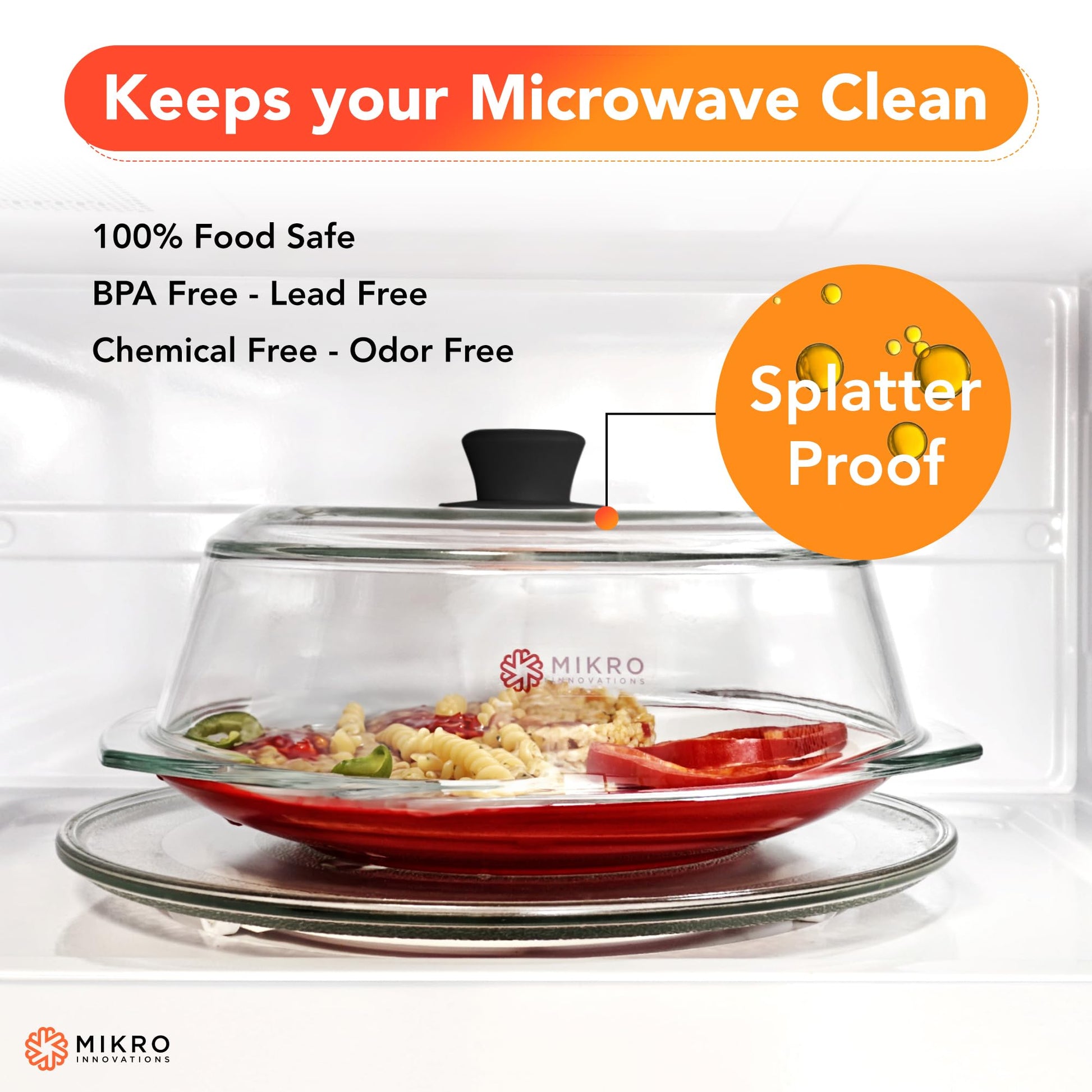 Tall Glass Microwave splatter cover | Sturdy clear 100% food safe BPA free glass lid with easy grip silicone handle | Heavy-duty glass for longer life, Dishwasher safe for easy cleaning - 10.5in