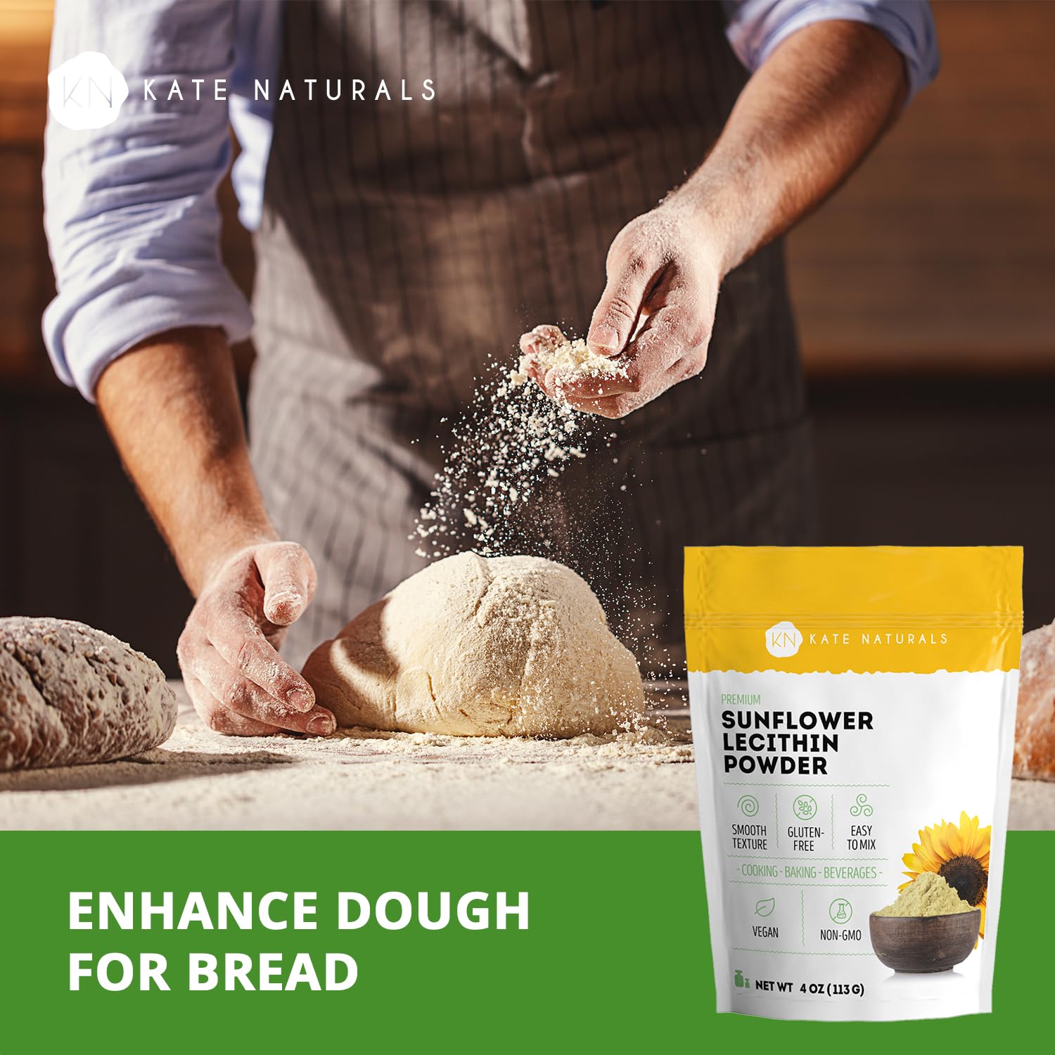 Kate Naturals Sunflower Lecithin Powder for Baking Bread, Gummies, Cooking. Substitute for Soy Lecithin Powder (4 oz, Non-GMO)