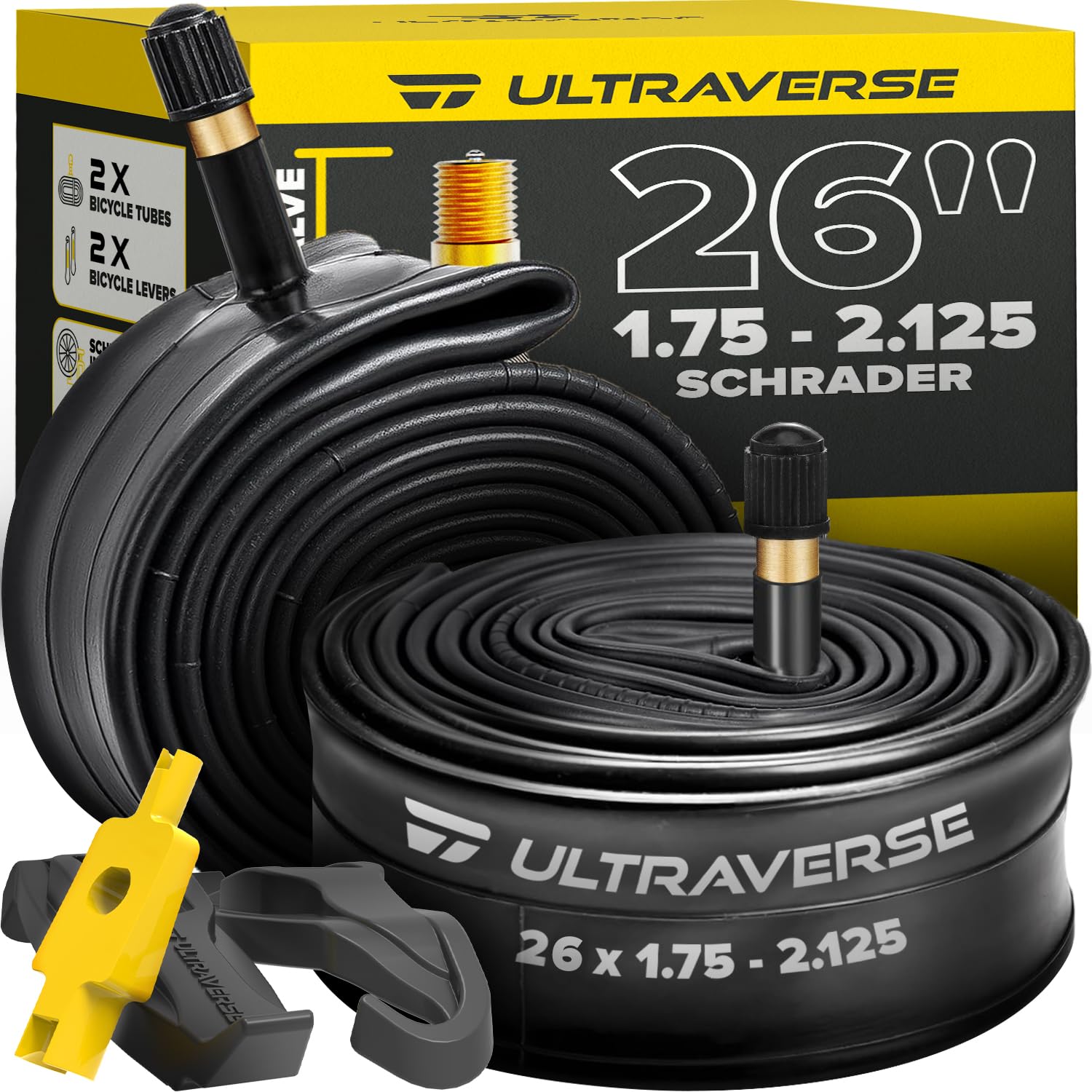 Ultraverse Bike Inner Tube for 26 X 1.75/1.95/2.10/2.125 inch Bicycle Tire with Schrader Valve – Rubber Tubes for Mountain and Trail, Cruisers, MTB, Gravel, Enduro, Downhill, City Bikes - 2 Pack