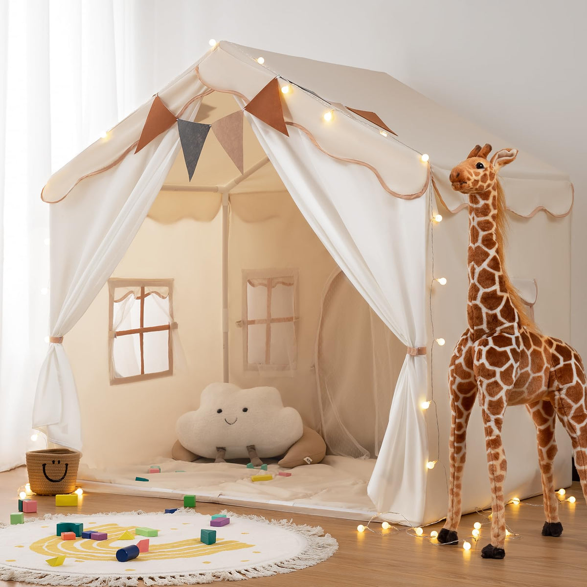 Besrey Kids Play Tent 2 in 1 with Padded Mat and Lights, Large Kids Playhouse with 2 Doors & 4 Windows, Indoor & Outdoor, Christmas Toddler Tent, 51" x35" x 51"