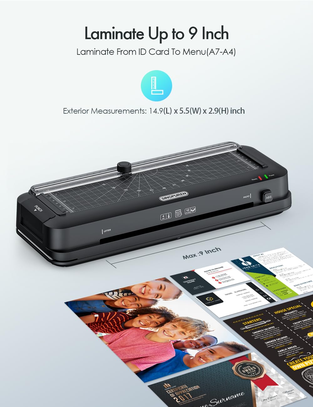 SINOPUREN 9-Inch Thermal Laminator Machine, 3-in-1 Laminator with Built-in Paper Trimmer, Hole Punch & Corner Rounder, 10 Laminating Pouches, Fast 3-Min Warm-Up, Jam-Free for Home, Office, School