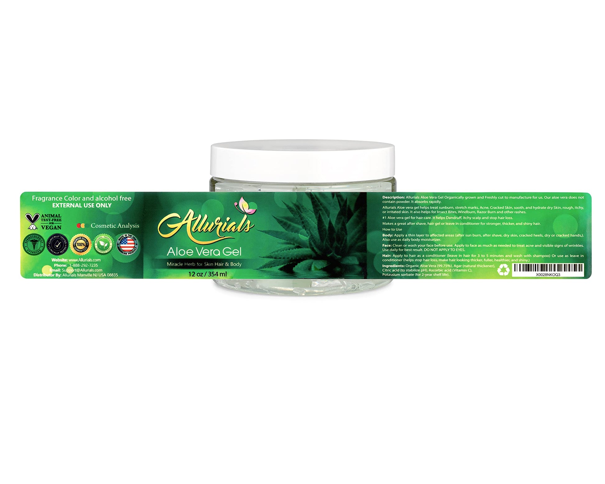 Allurials 100% Pure & Organic Aloe Vera Gel, Clinically tested & Dermatologist approved, Hydrates & Heals Dry & Damaged Skin & Hair- 12 Oz