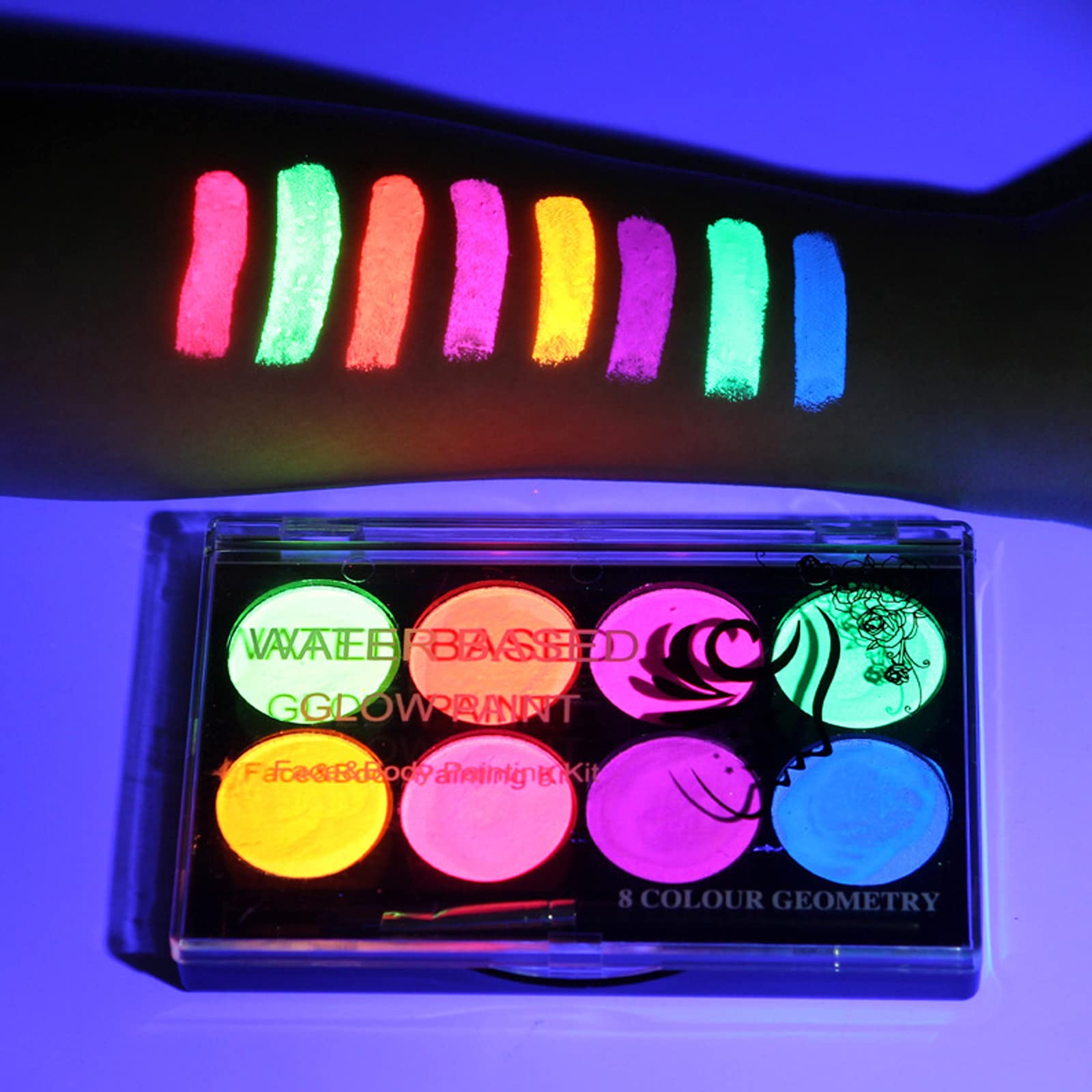 MEICOLY Neon Face Paint,UV Blacklight Glow Face Paint,8 Bright Colors Neon Fluorescent Rave Body Paint Palette,Water Activated Eyeliner,Water Based Glow In The Dark Halloween Washable for Kids Adults