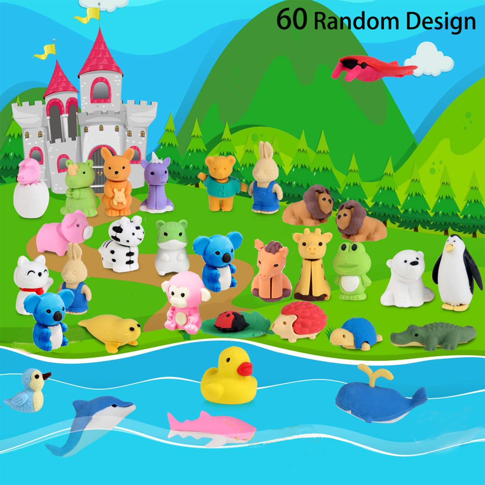 URSKYTOUS 60Pcs Animal Erasers Desk Pets for Kids Animal Pencil Erasers Bulk Puzzle Eraser Toys Gifts for Classroom Prizes,Game Reward,Treasure Box,Easter Egg Fillers,Goodie Bag Stuffers,Party Favors