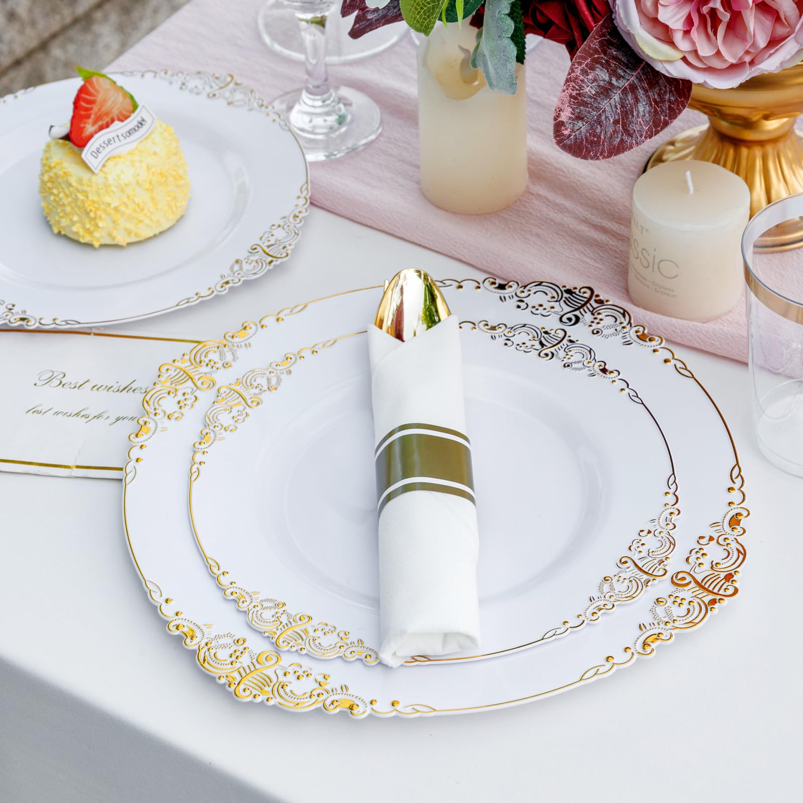 Nervure 350PCS Gold Plastic Plates - Gold Plastic Dinnerware Sets for 50 Guests - 100 Disposable Plates, 150 Silverware, 50 Cups, 50 Napkins for Wedding & Party & Thanksgiving