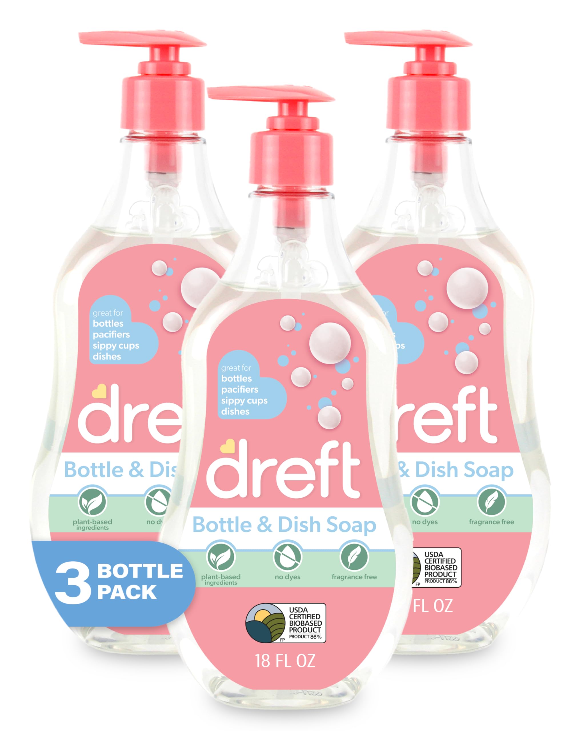 DREFT Bottle and Dish Soap | Made to Clean Baby Bottles, Sippy Cups, Pacifiers, Breast Pumps, & More | Gently Removes Milk Film & Odors | Plant Based, Fragrance Free Dish Soap | 18 Fl Oz (Pack of 3)