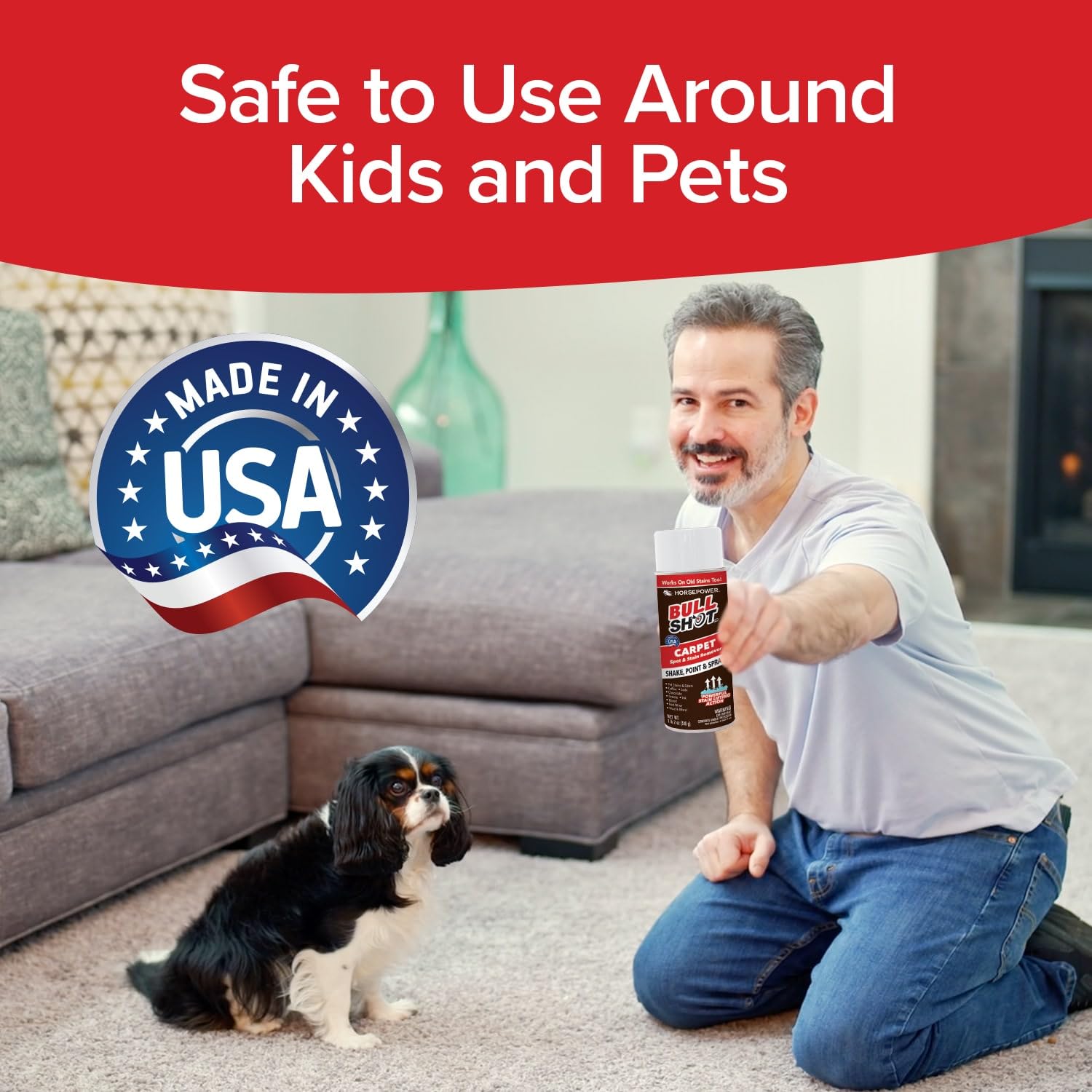 Bull Shot Carpet Spot & Stain Remover by Horsepower, AS-SEEN-ON-TV, Made In USA, Just Point & Spray, Stain-Lifting Foam-Action, Pet Stains & Odors, Coffee, Soda, Wine, Grease, New & Old Stains & More