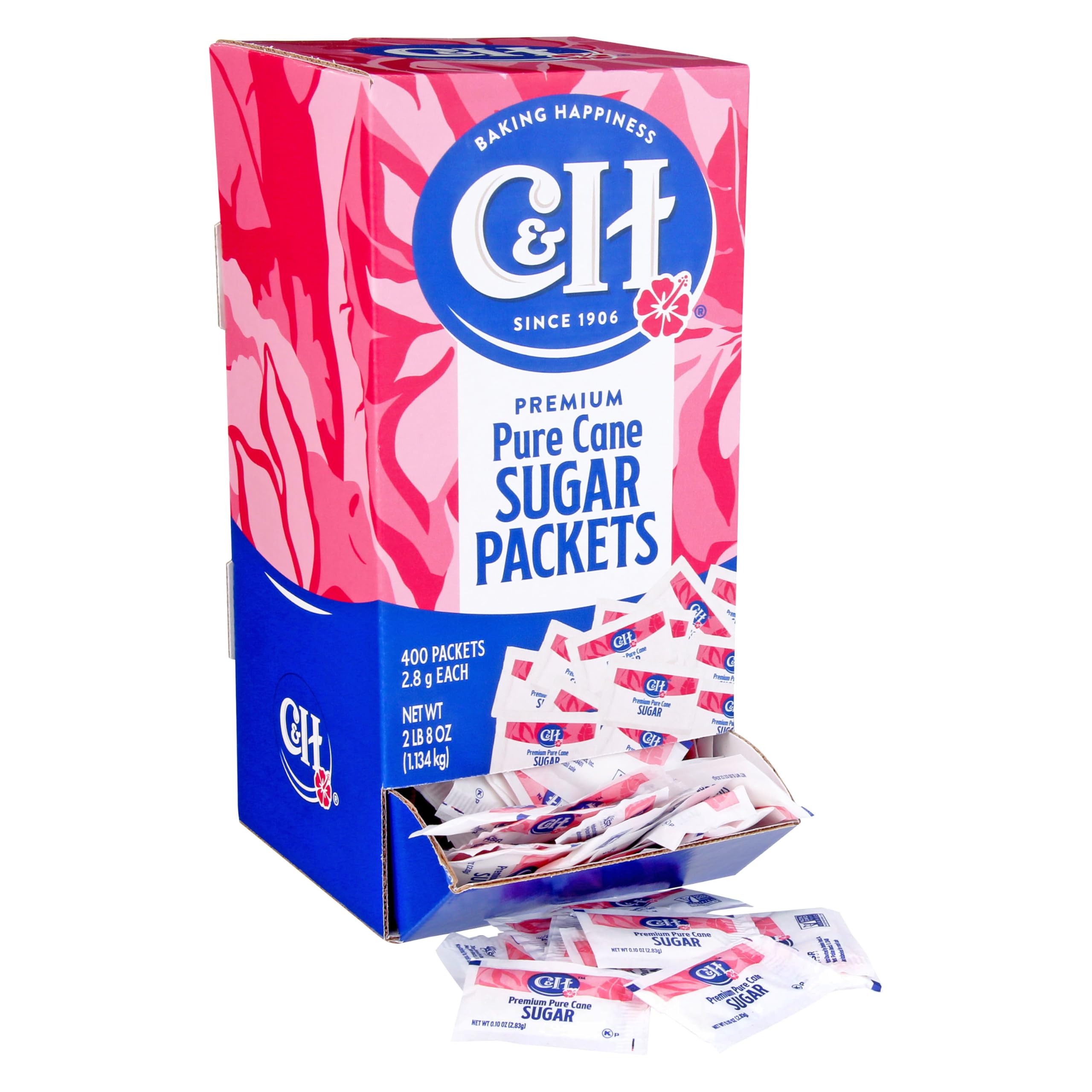 C&H Premium Pure Cane Sugar Packets, 0.10 Ounce (2.8 Gram) NON-GMO Packets, Pack of 400 in Dispenser Box