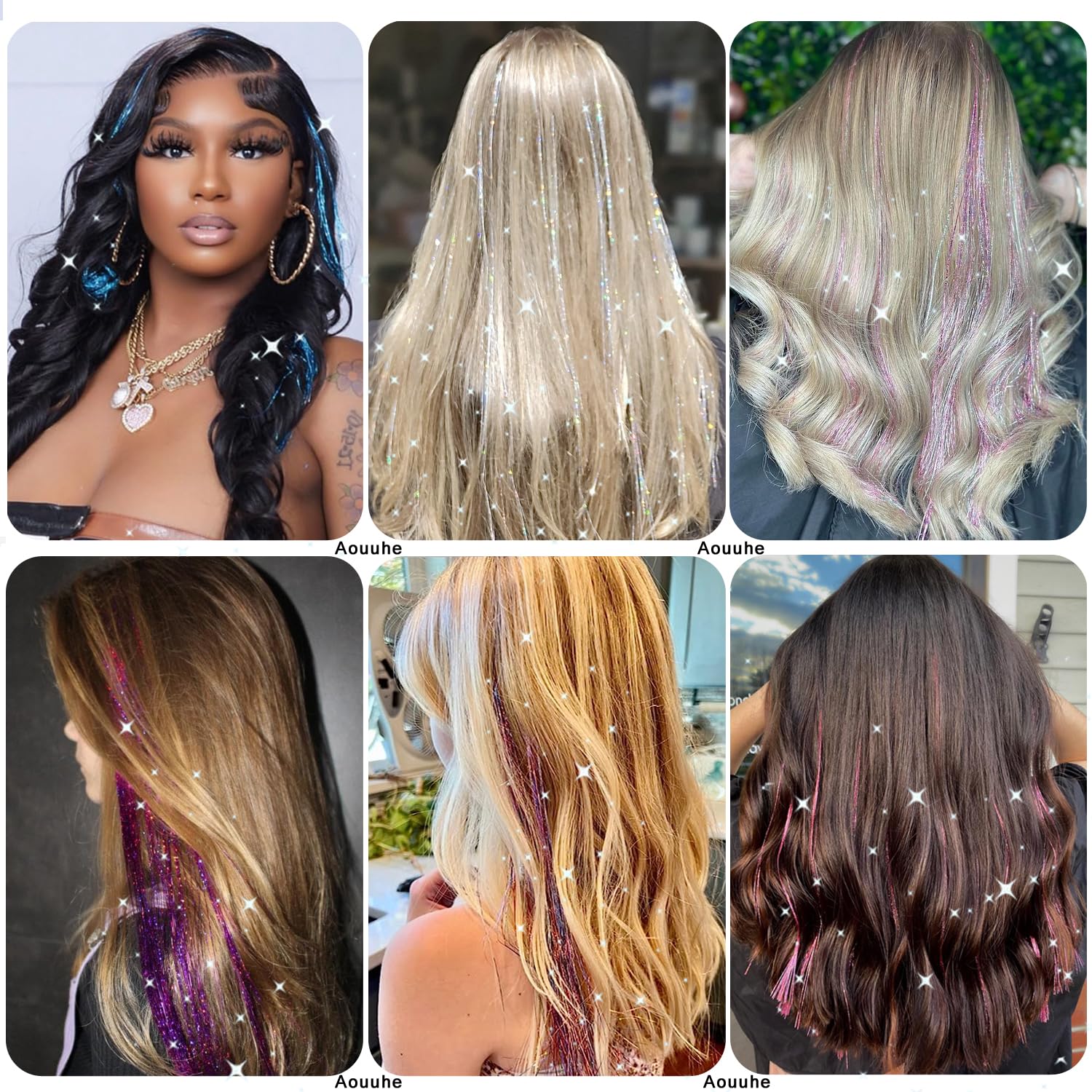 Aouuhe Hair Tinsel 24 Colors 7800 Strands Hair Tinsel Kit with Tools 48 Inch Glitter Tinsel Hair Extensions Festive Party Fairy Hair Tinsel Kit for Women Girls Hair Accessories