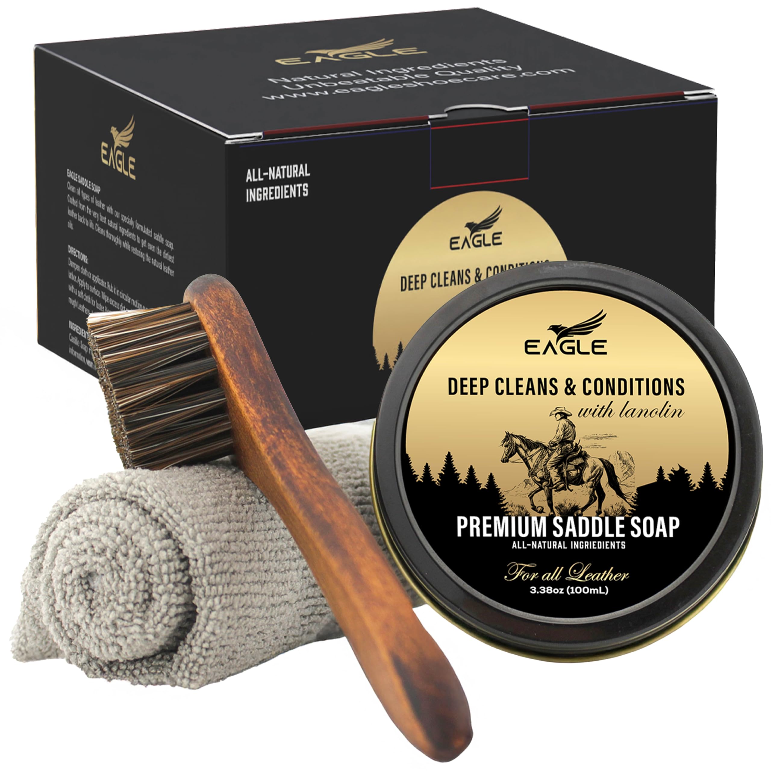 Saddle Soap for Leather - 3-Piece Saddle Soap Kit for Leather Cleaning, Boots, Tack, and Saddles - Includes Applicator and Cloth - Leather Soap and Conditioner for Leather Boots and Tack Care