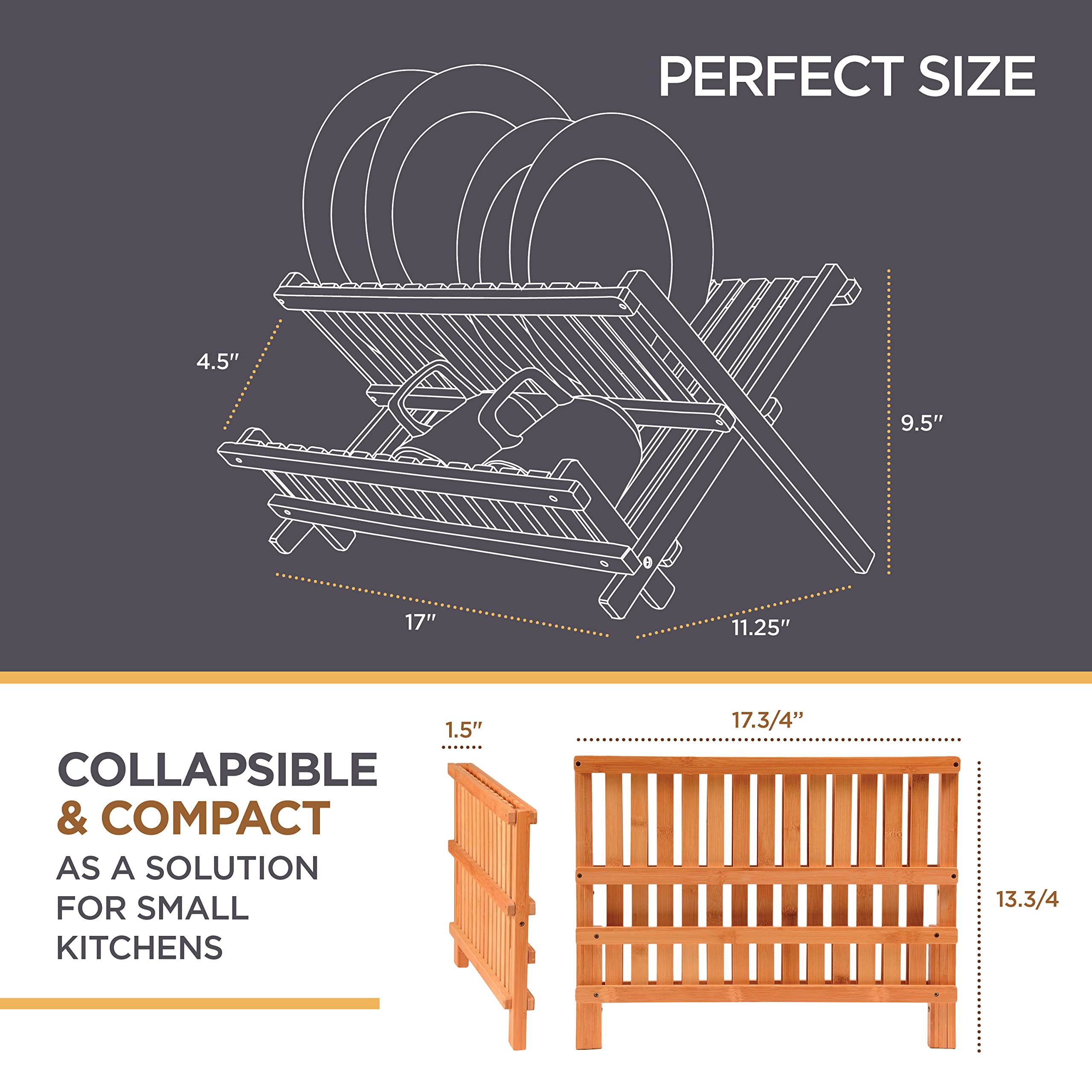 BAMBUSI Dish Drying Rack - Collapsible 2-Tier Bamboo Dish Rack for Kitchen Counter, Wooden Dish Drainer with Foldable Space-Saving Design - Drying Rack for Dishes, Plates, and Cups - Housewarming Gift