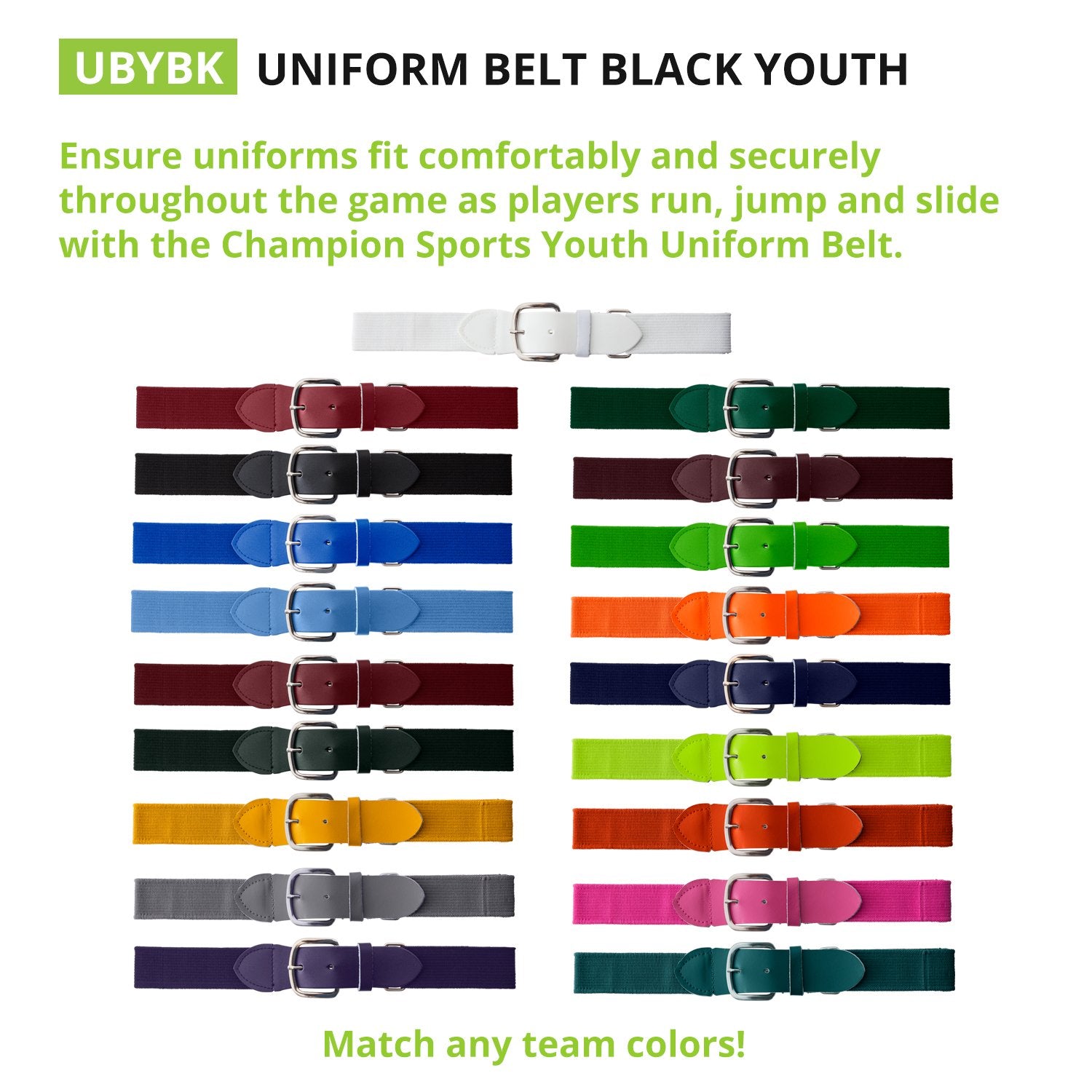 Champion Sports Youth Uniform Adjustable Elastic Belt Adults – 1.5" Wide – for Baseball, Softball & More, Black, Youth (18-32 Inches)