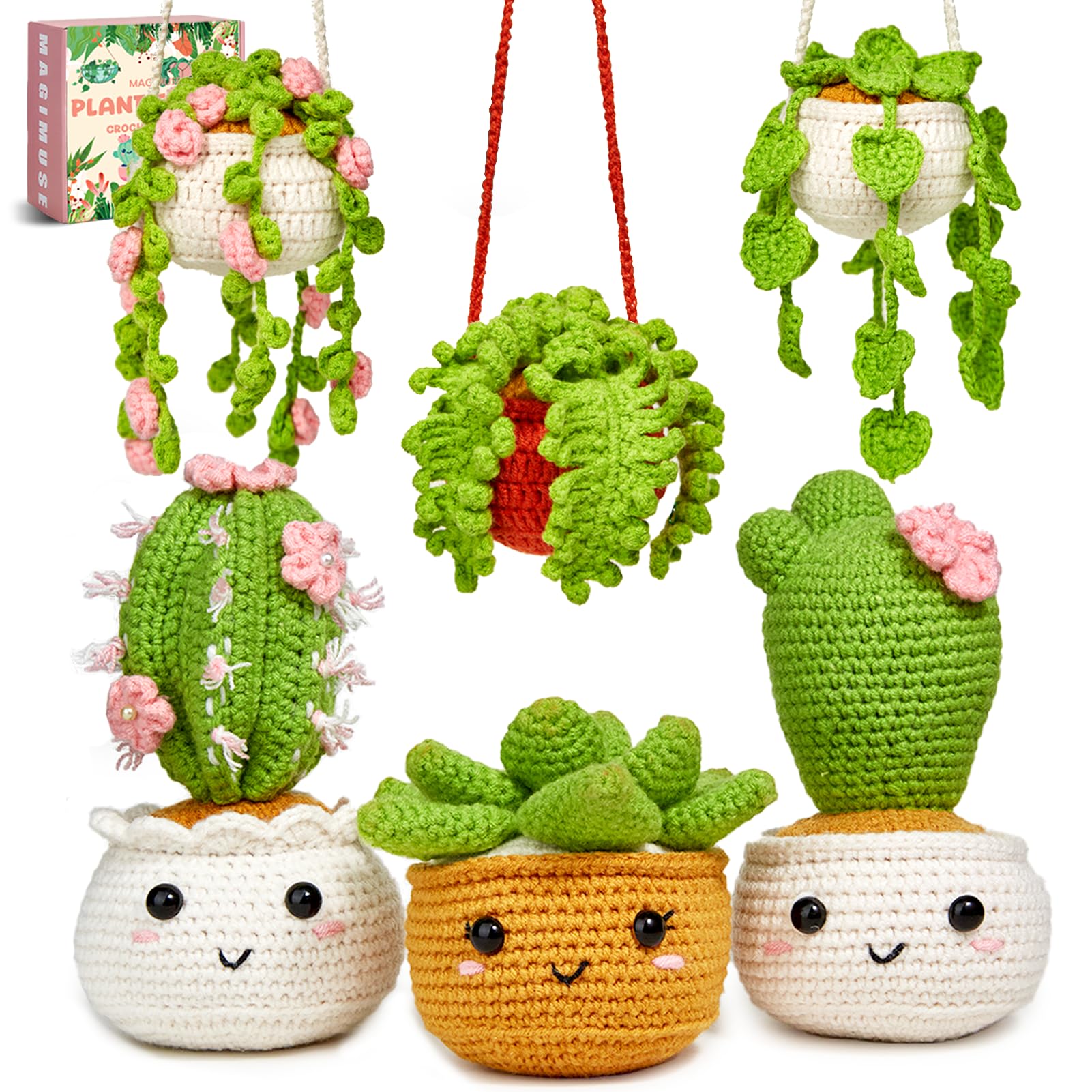 MAGIMUSE Häkelset für Anfänger, Häkel-Starterkits, Amigurumi-Bastel-Häkelsets mit Schritt-für-Schritt-Videoanleitungen, 6er-Pack hängende Topfpflanzen Familie (40 %+ Garn