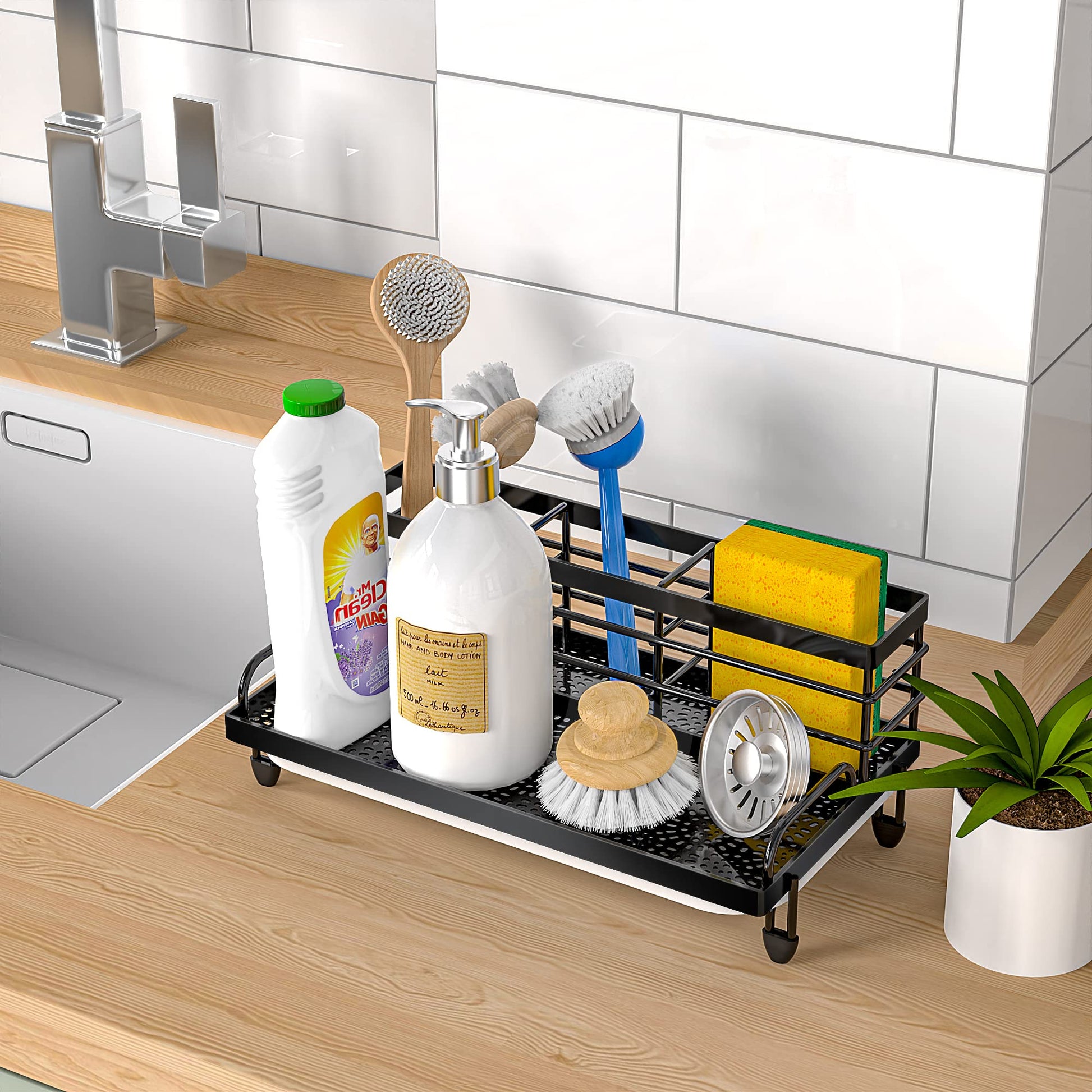 Cisily Large Kitchen Sink Caddy Organizer, Rustproof Non-Slip Soap Dish Dispenser Brush, Sponge Holder for Kitchen Sink, Kitchen Organization and Storage, Home Essentials Accessories（Black）
