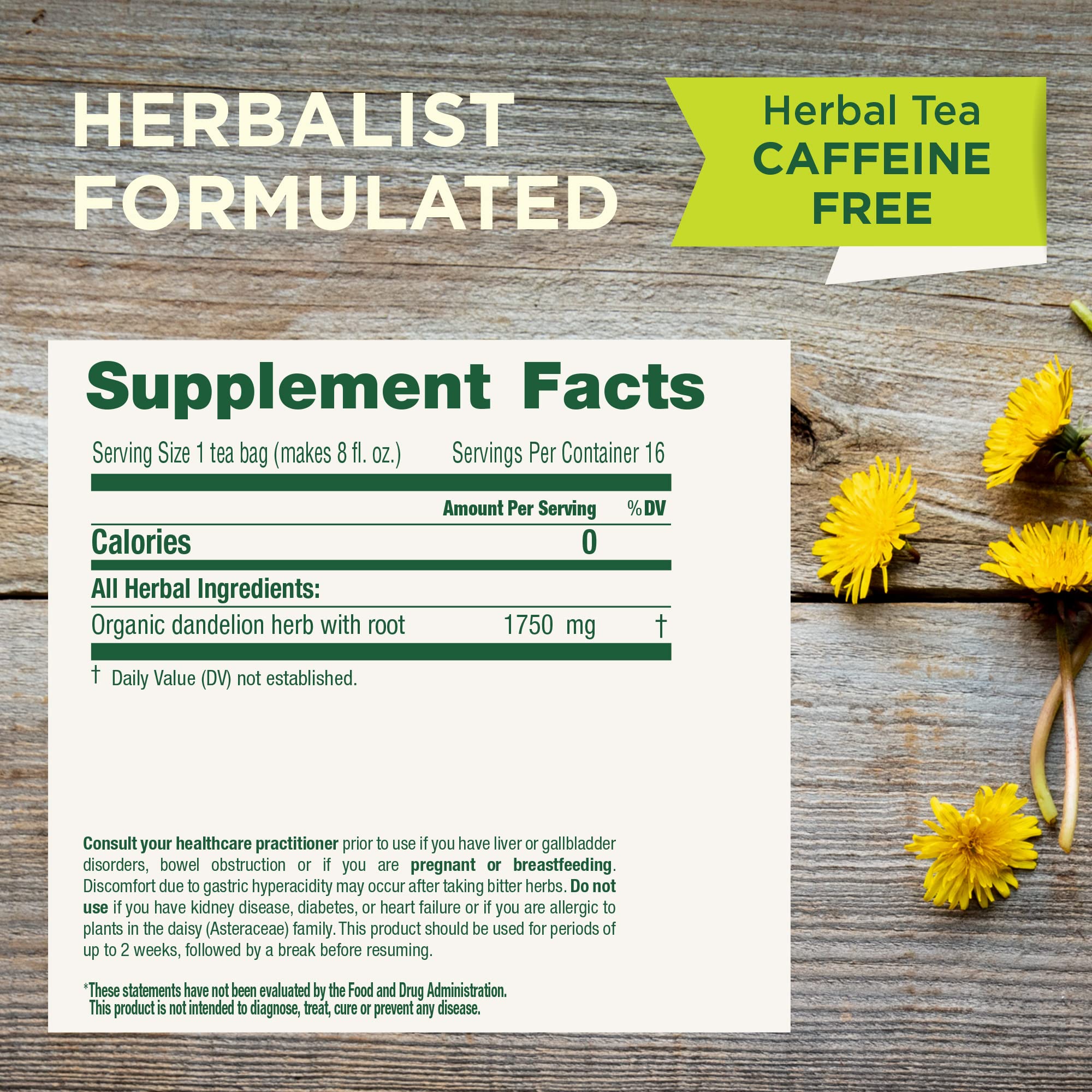 Traditional Medicinals Organic Dandelion Leaf & Root Herbal Tea (Pack of 1), Supports Kidney Function and Healthy Digestion, 16 Tea Bags Total
